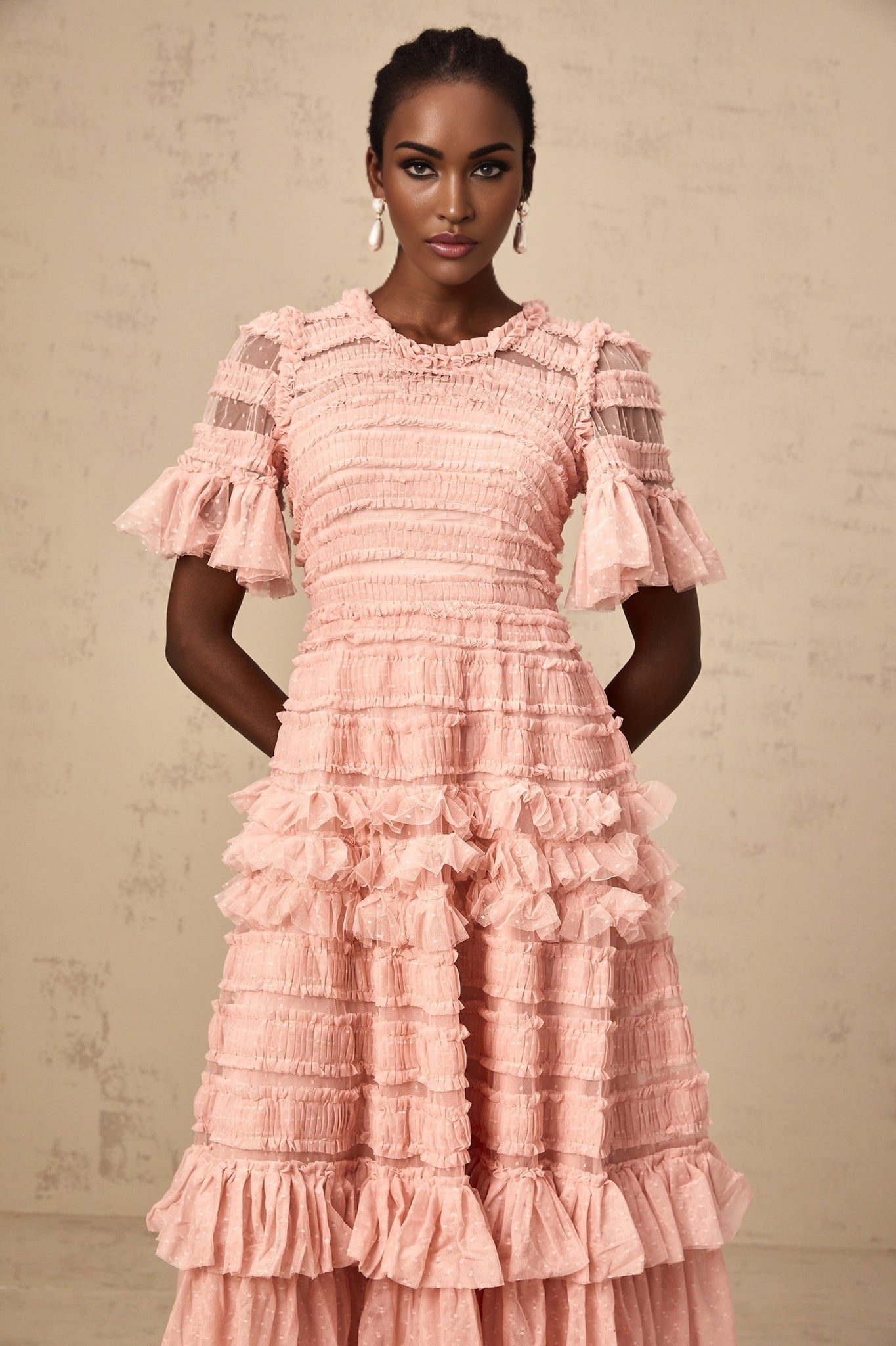 Aimée pink dotdetail ruffled tulle midi dress