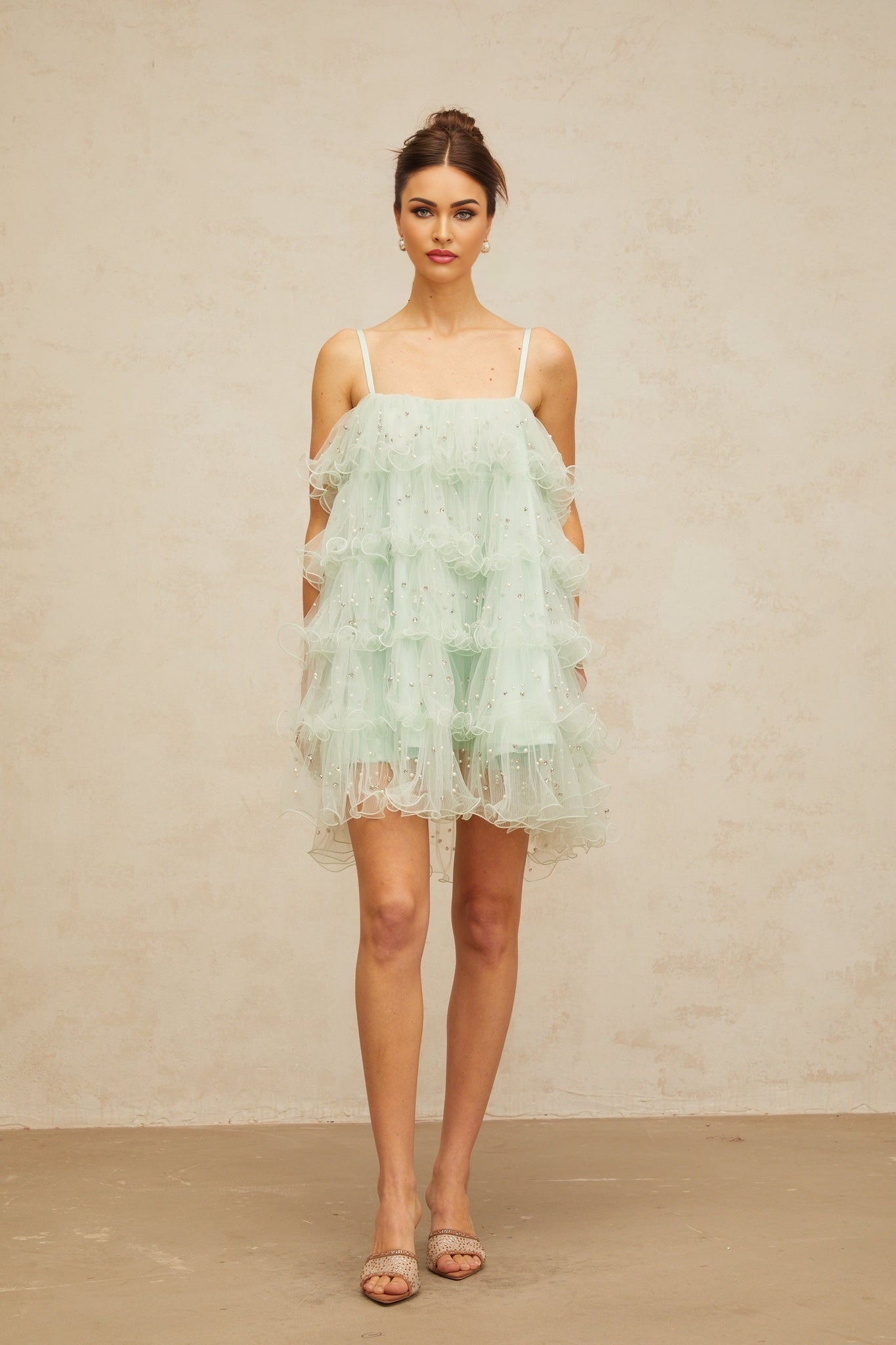 Airelle lightgreen embellished tiered tulle mini dress