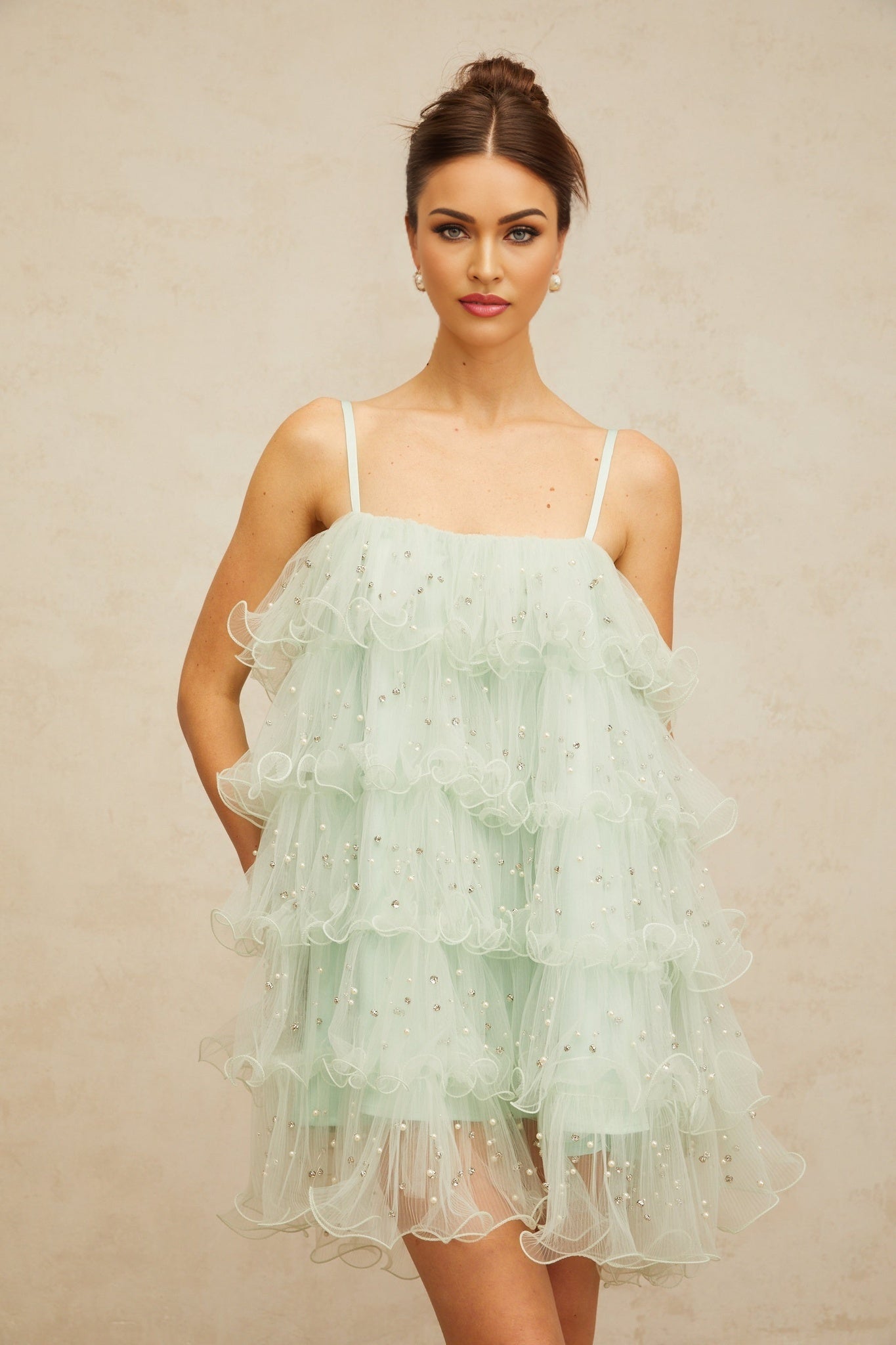 Airelle lightgreen embellished tiered tulle mini dress
