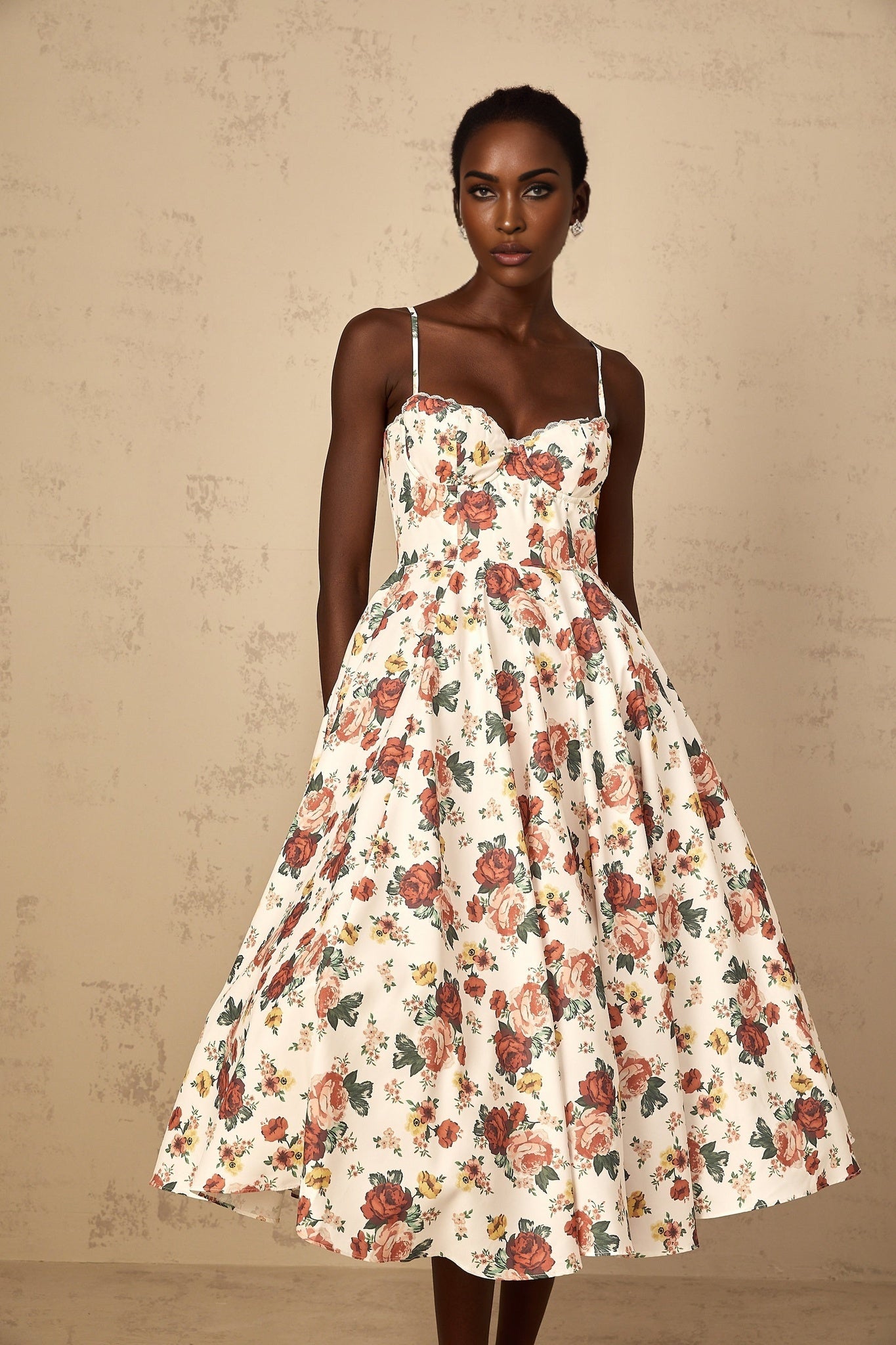 Airelle womens white dress with rose print pattern and flounced midi length skirt