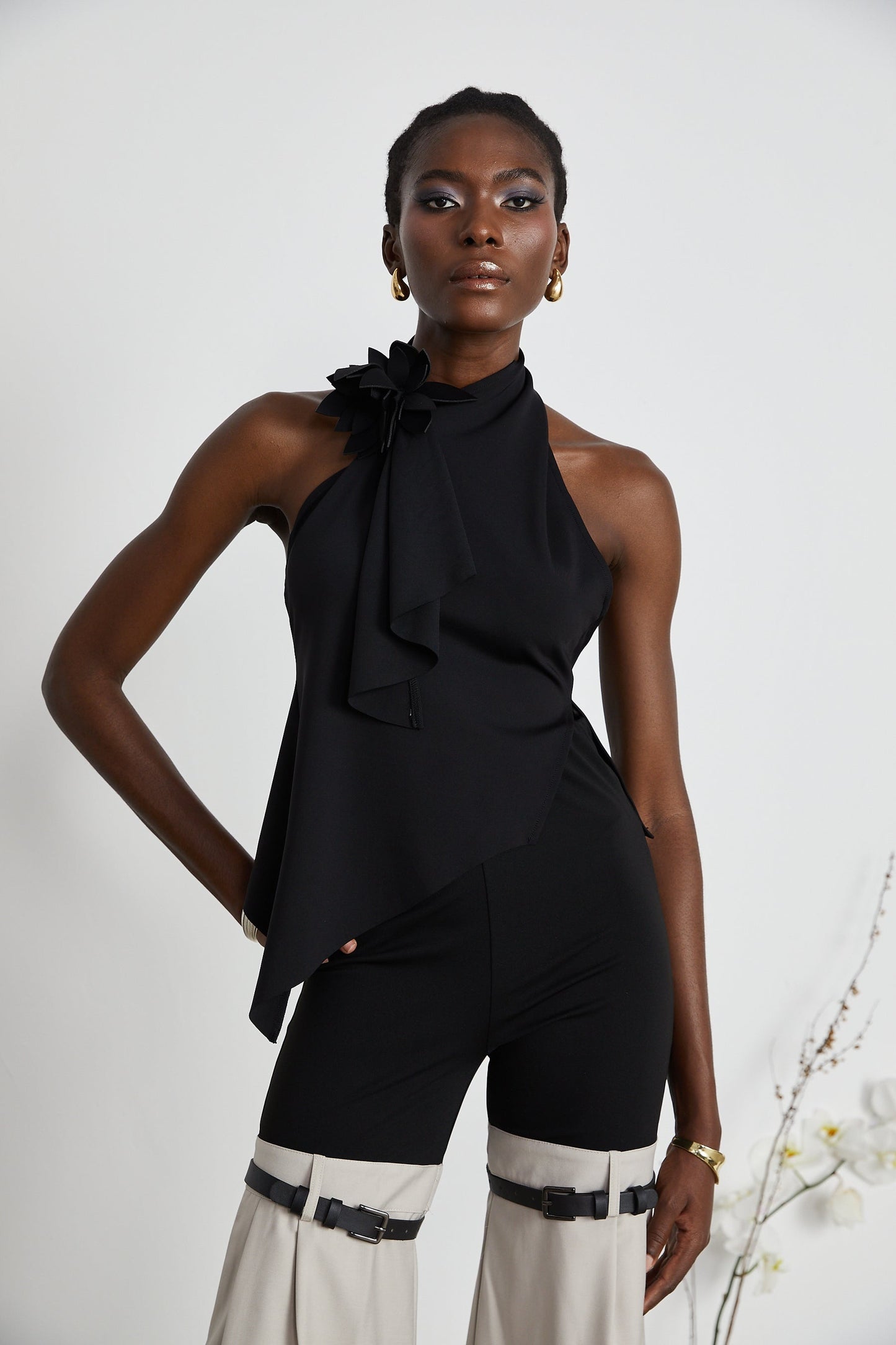 Aline floralappliqué backless asymmetric top