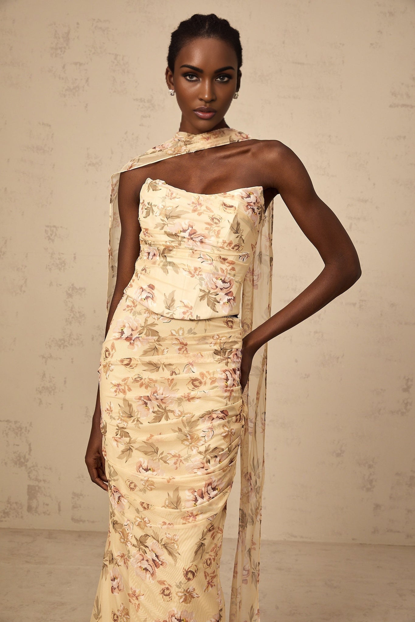 Alizee yellow floral print matching top and skirt set on white background