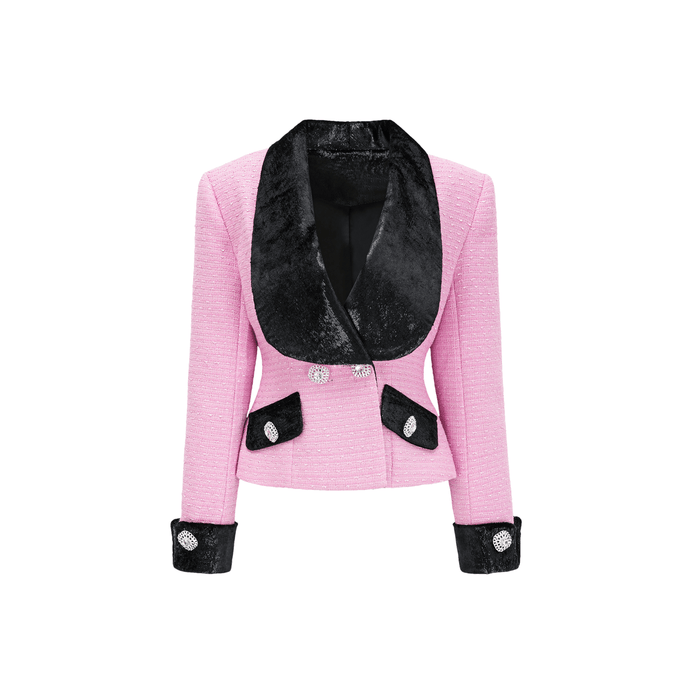 Pink jacket with vshaped collar front button closures and fitted waist design featuring fulllength sleeves and notched lapel