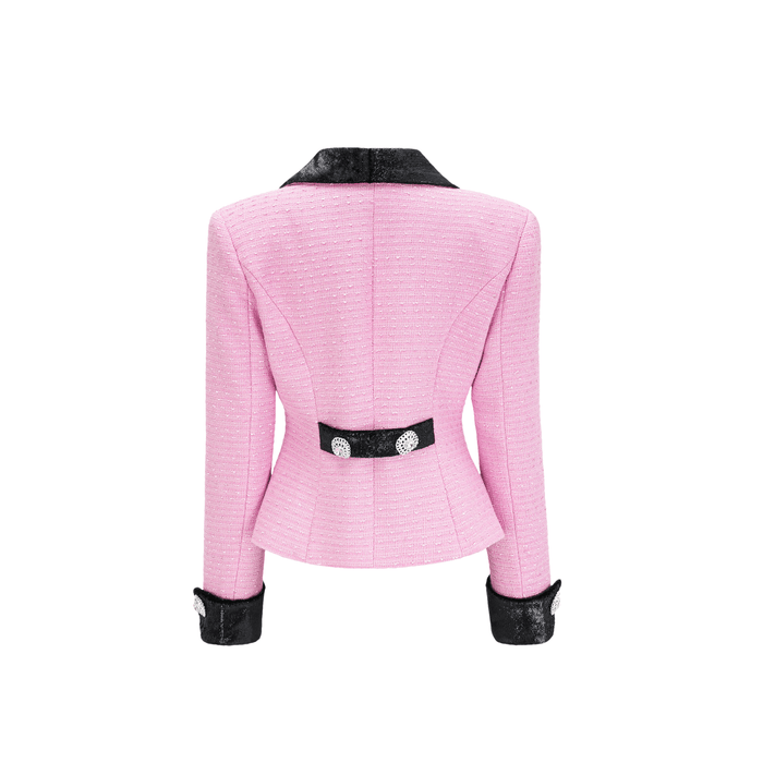 Pink jacket with Vshaped collar front button closures and fitted waist design