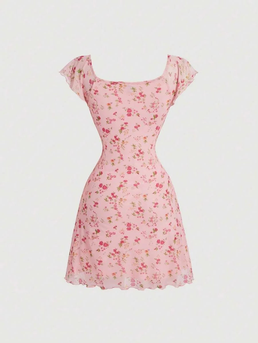 Allover Floral Print Ruffle Armhole Knot Front Dress
