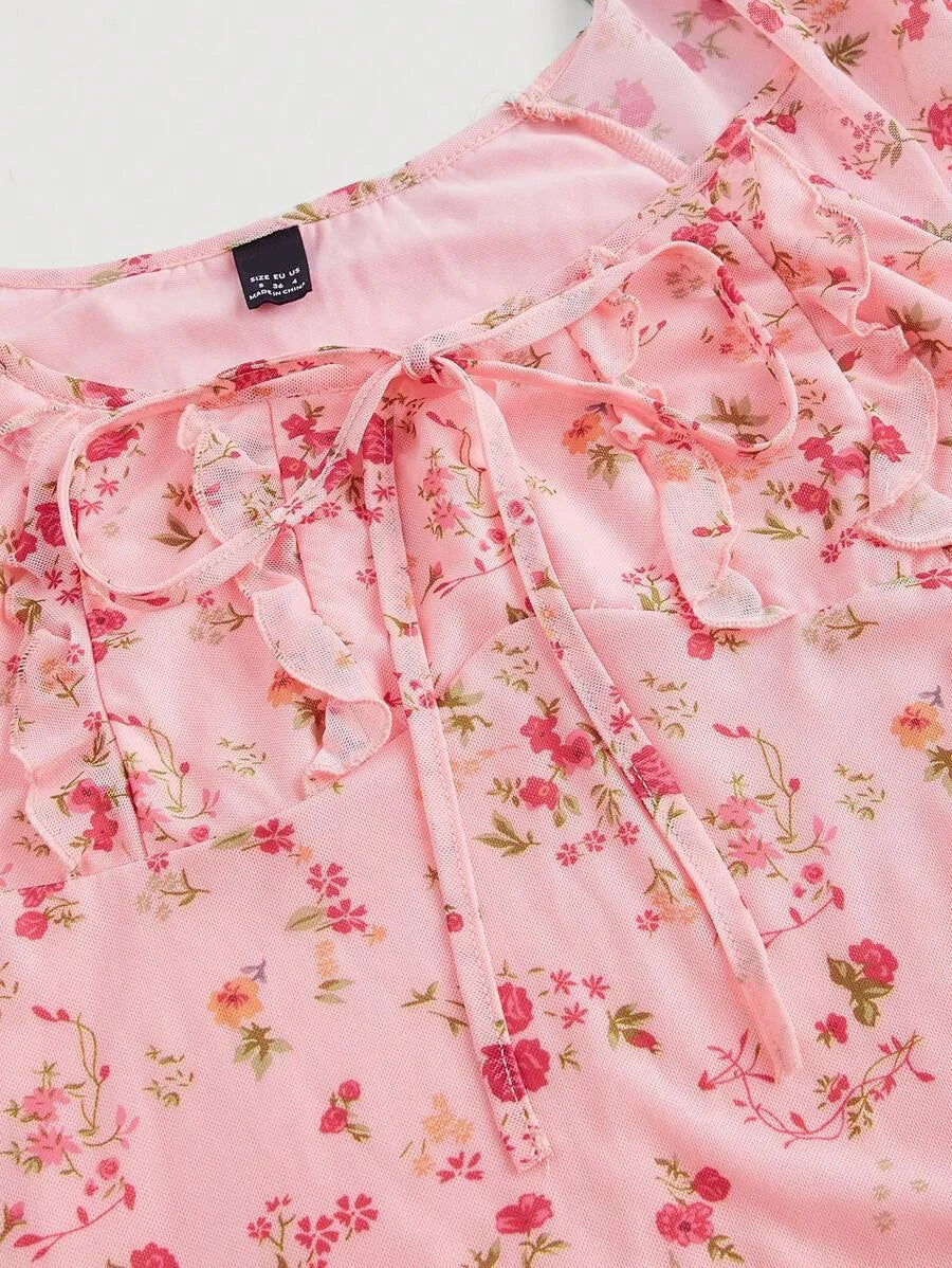 Allover Floral Print Ruffle Armhole Knot Front Dress