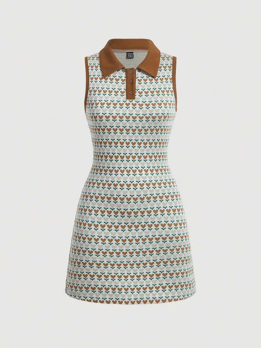 Allover Print Contrast Collar Dress