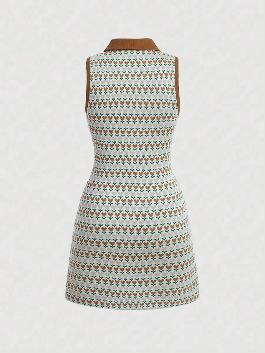 Allover Print Contrast Collar Dress