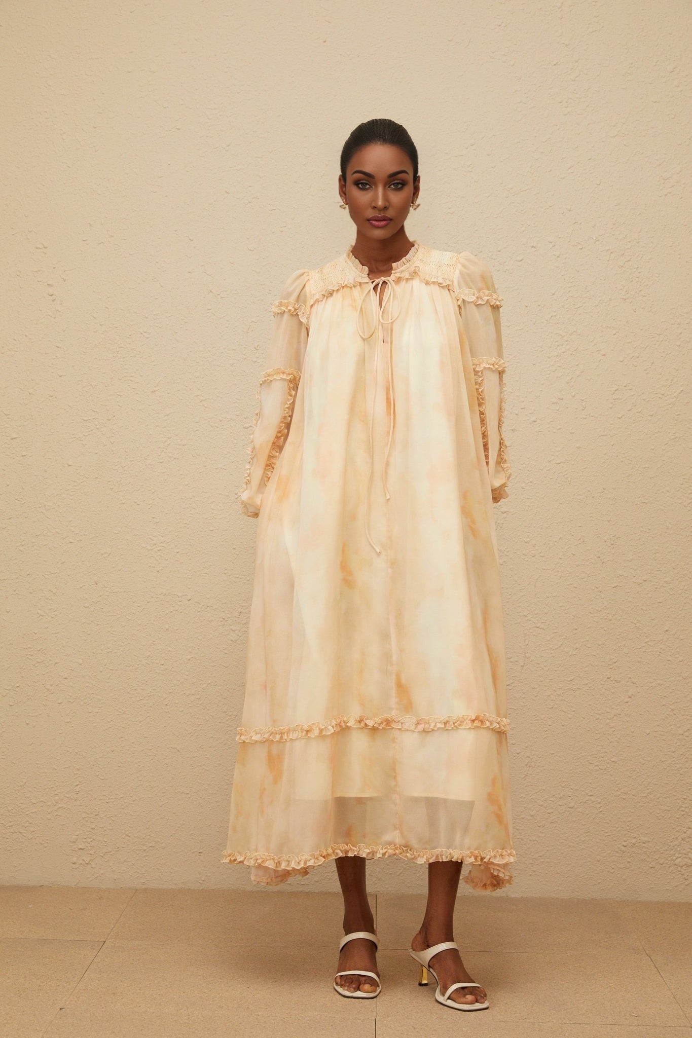 Almond beige and Multicolor Tie-Dye Midi Dress with Frilled Neck and Tied Waist in Neutrals