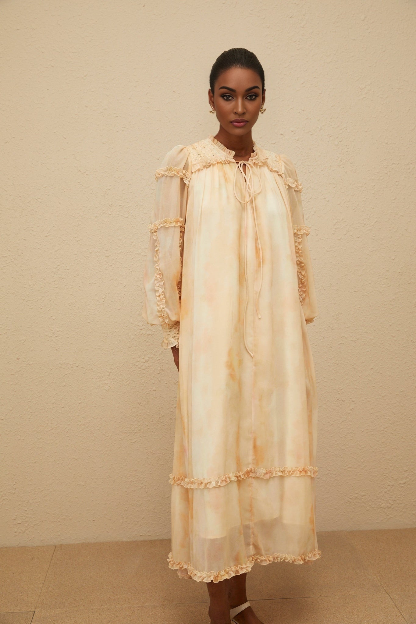 Almond beige and Multicolor Tie-Dye Midi Dress with Frilled Neck and Tied Waist in Neutrals