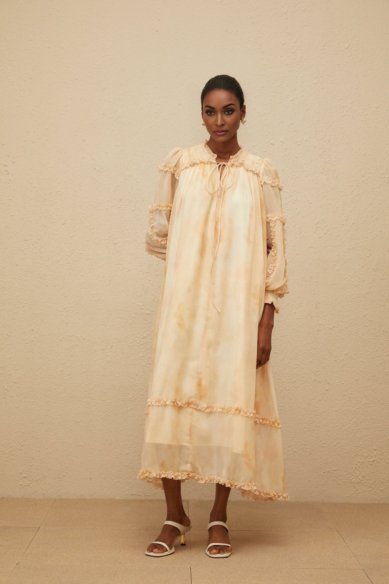 Almond beige and Multicolor Tie-Dye Midi Dress with Frilled Neck and Tied Waist in Neutrals