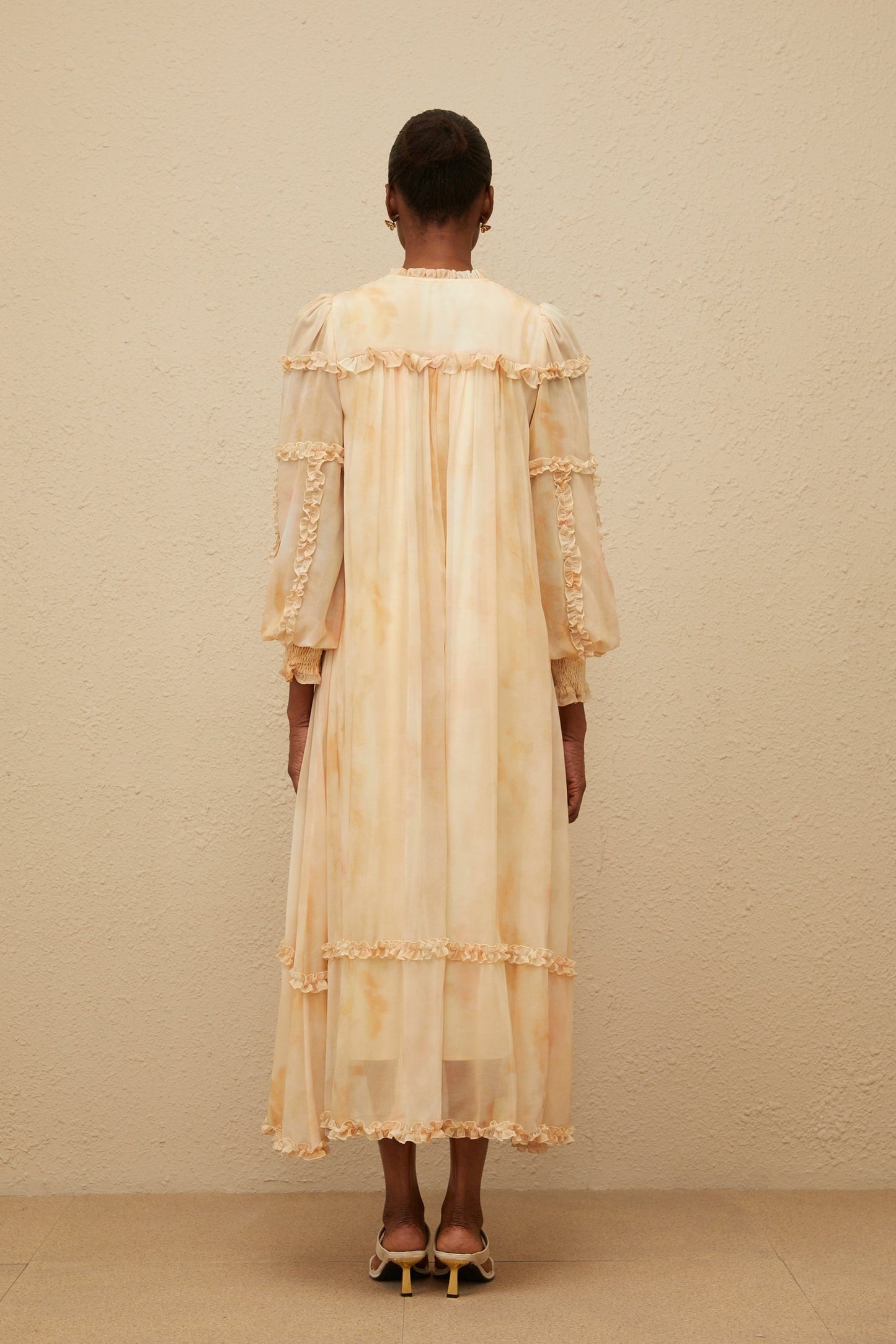 Almond beige and Multicolor Tie-Dye Print Midi Dress in Neutrals with Frilled Neck and Tied Waist