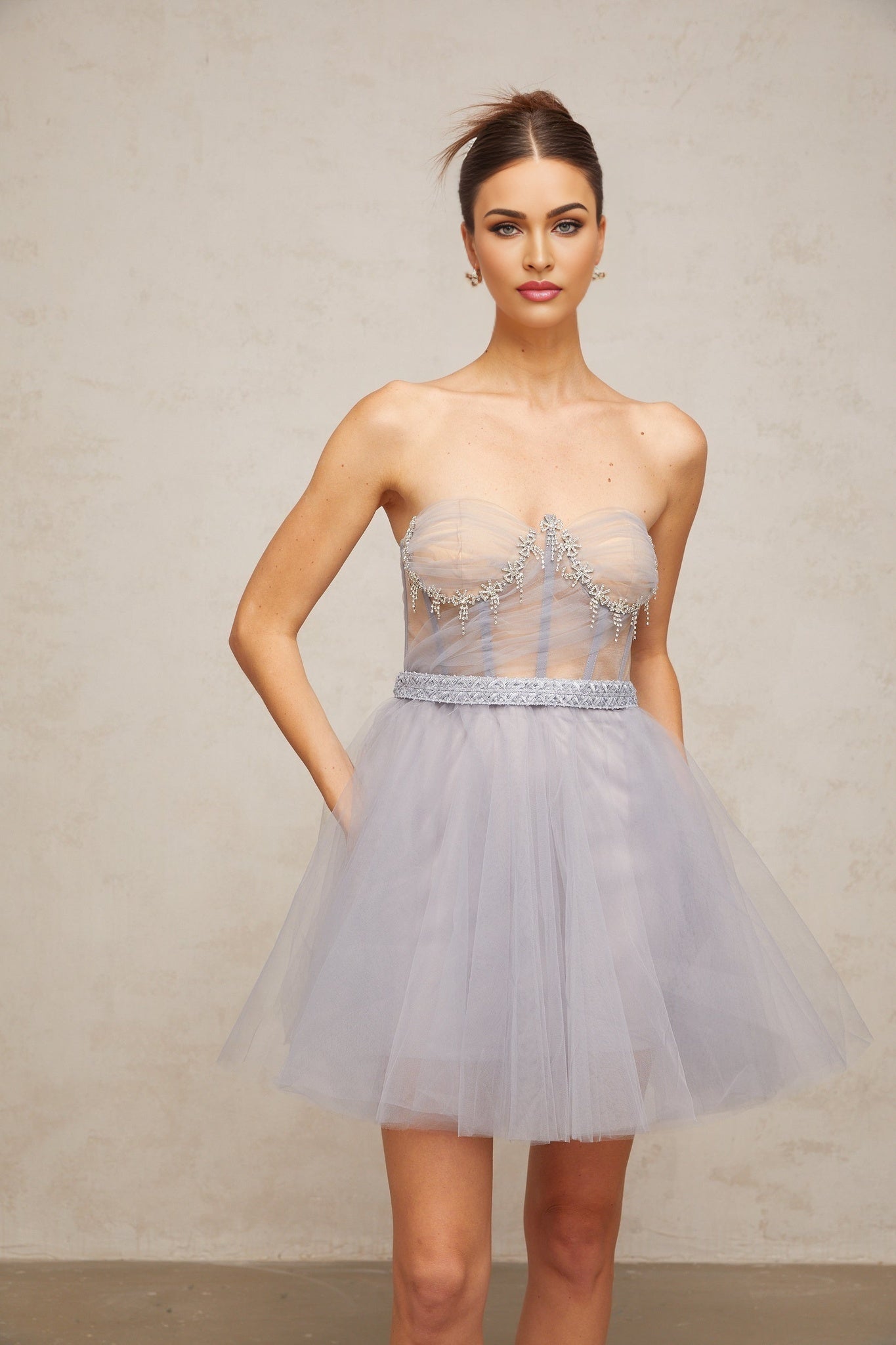 Aloïse grey mini dress with puff sleeves and tulle skirt featuring embellishments