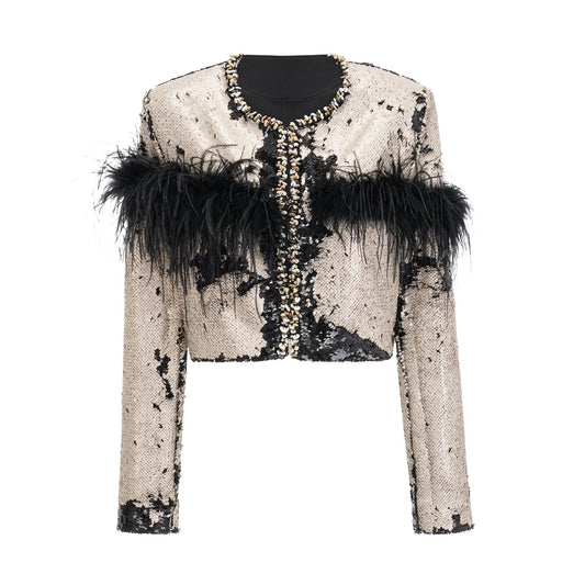 Alt text Black short jacket with sequin embellishments and feather trim on sleeves and collar