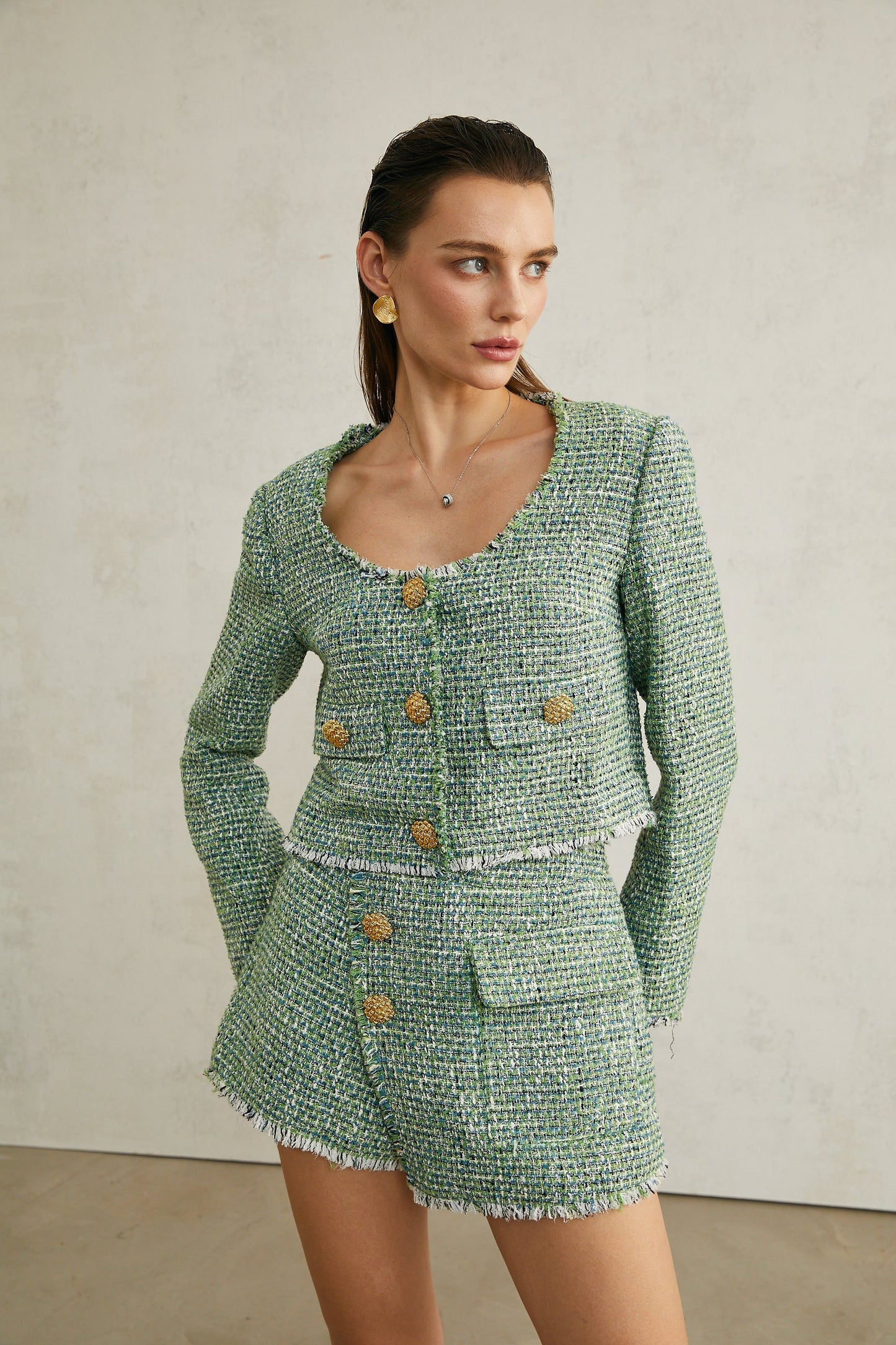 Alyss green tweed jacket shorts matching set