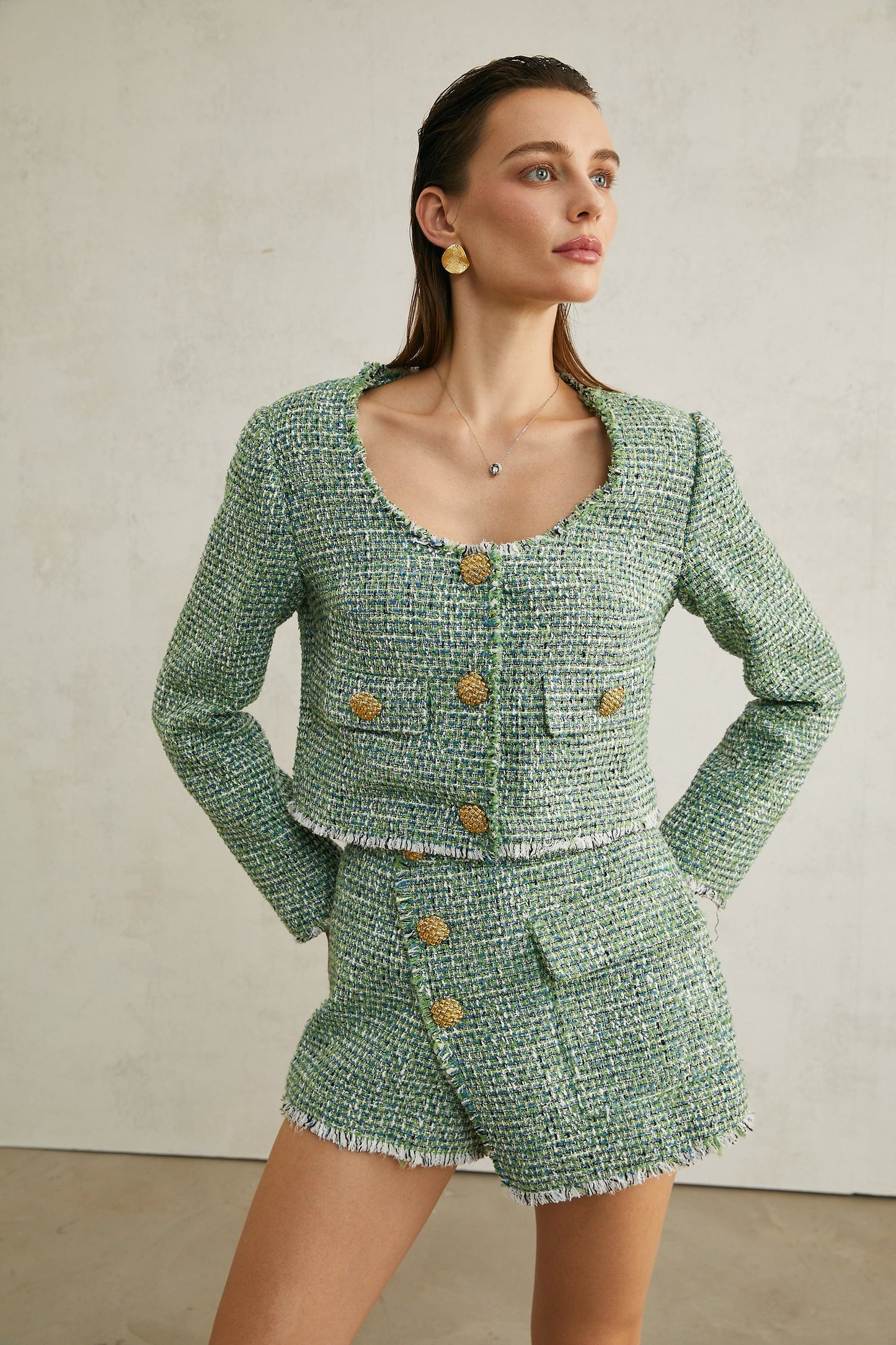 Alyss green tweed jacket shorts matching set