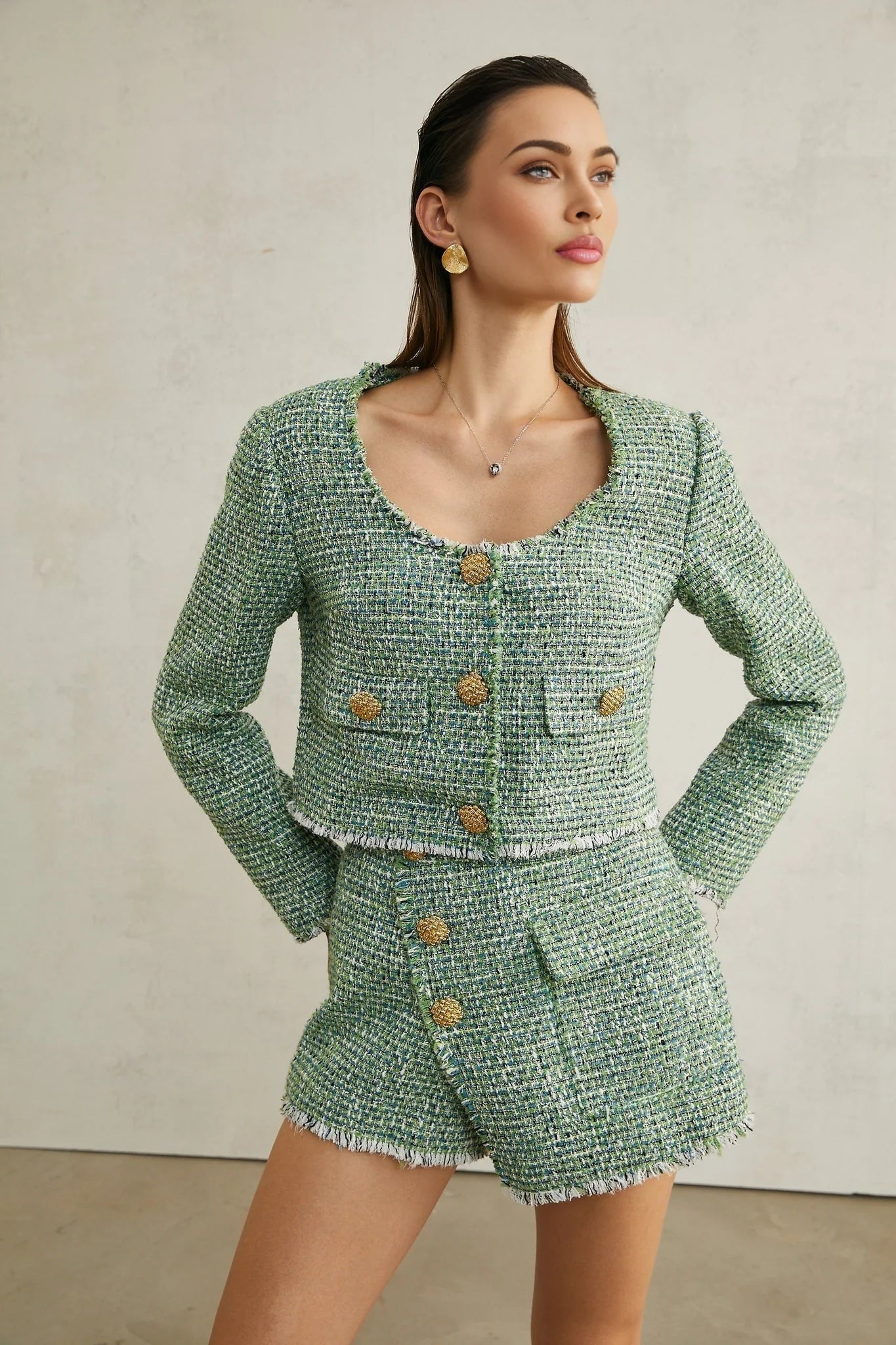 Alyss green tweed jacket shorts matching set