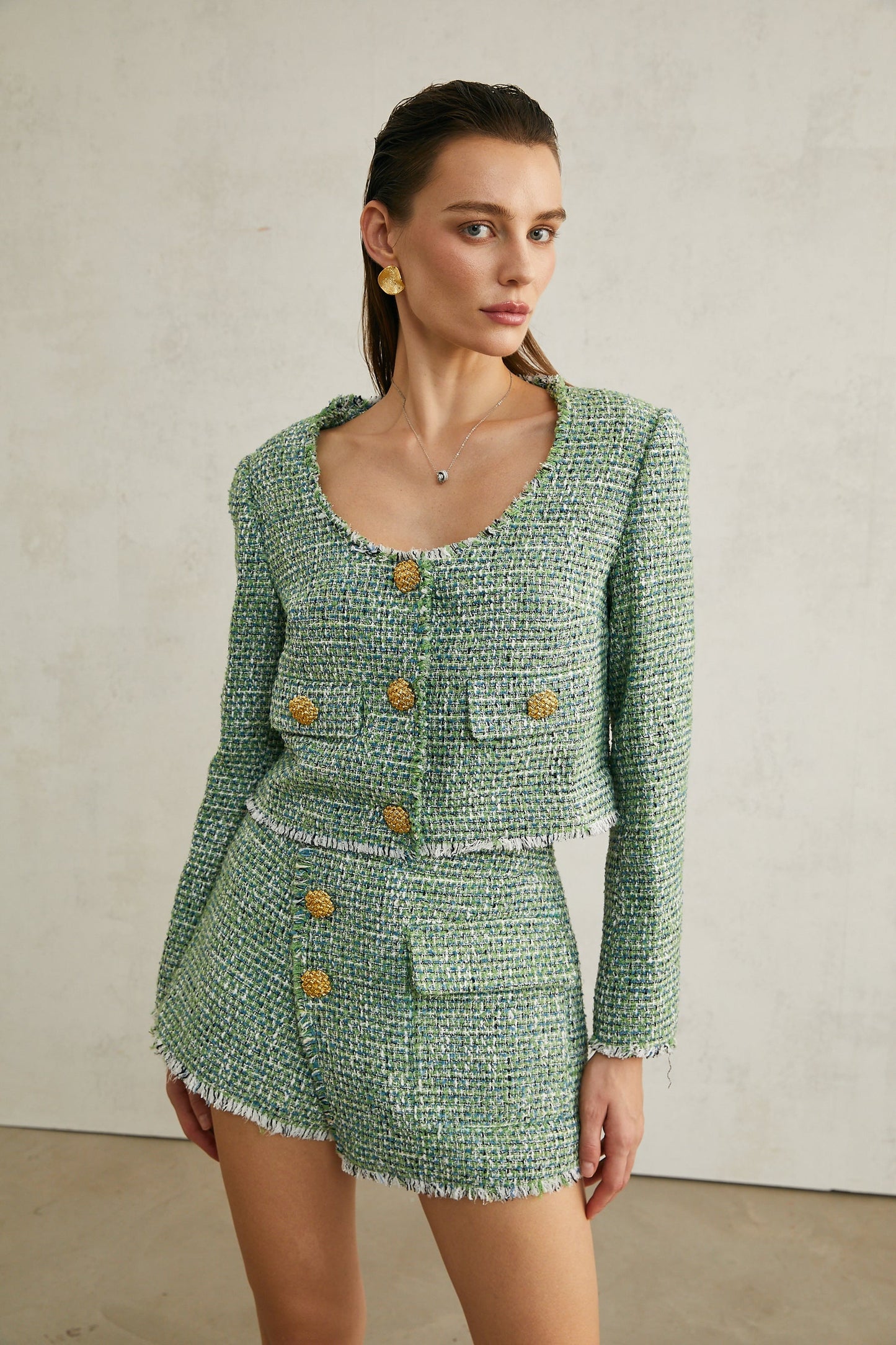 Alyss green tweed jacket shorts matching set