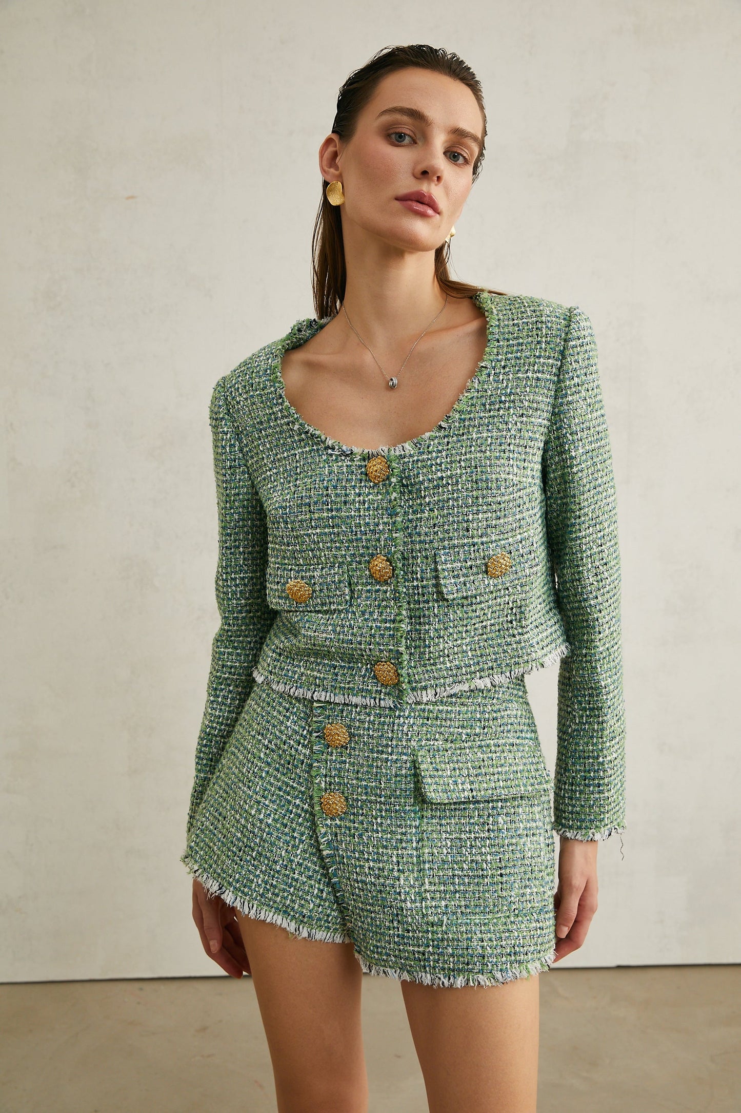 Alyss green tweed jacket shorts matching set