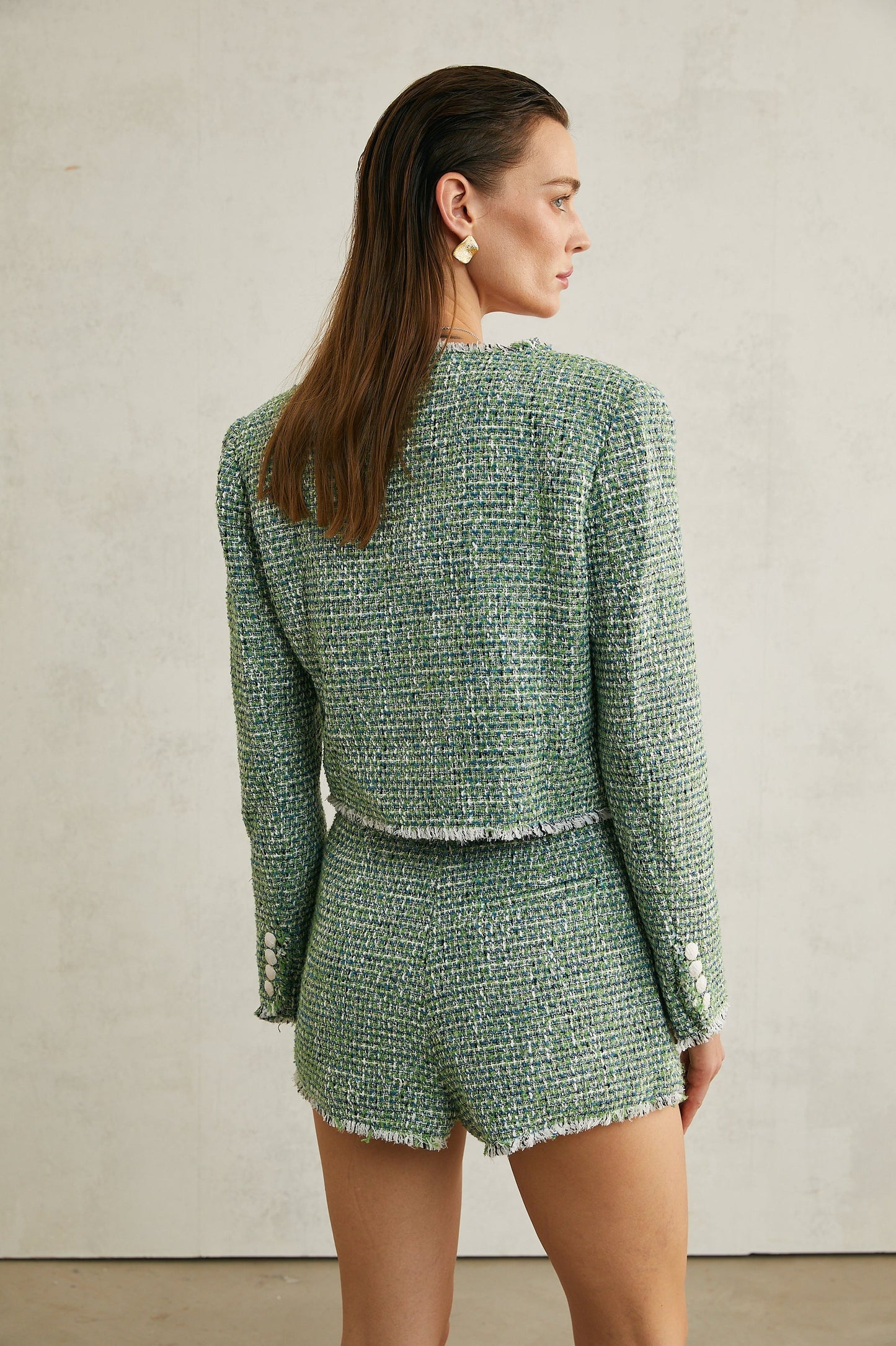 Alyss green tweed jacket shorts matching set