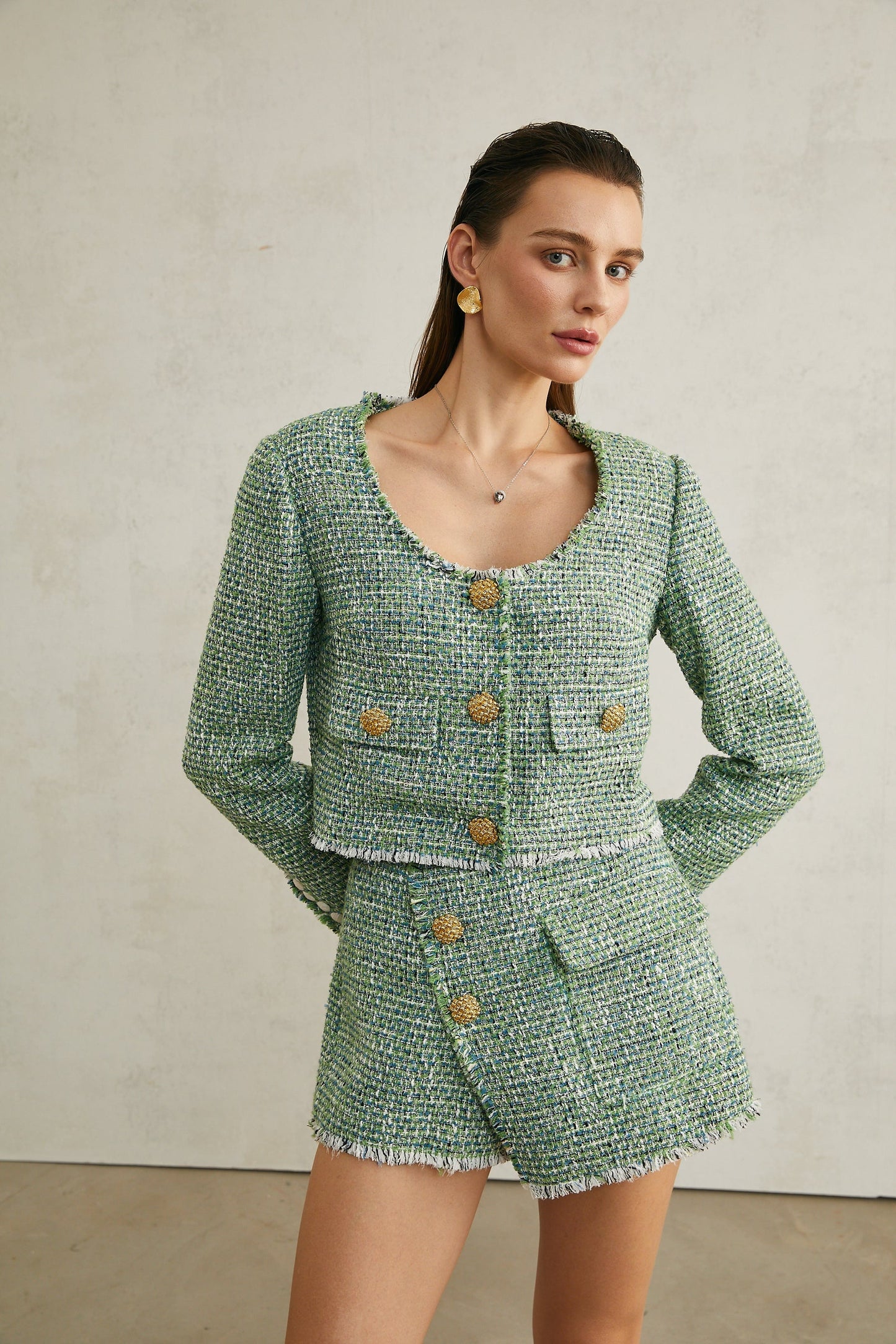 Alyss green tweed jacket shorts matching set
