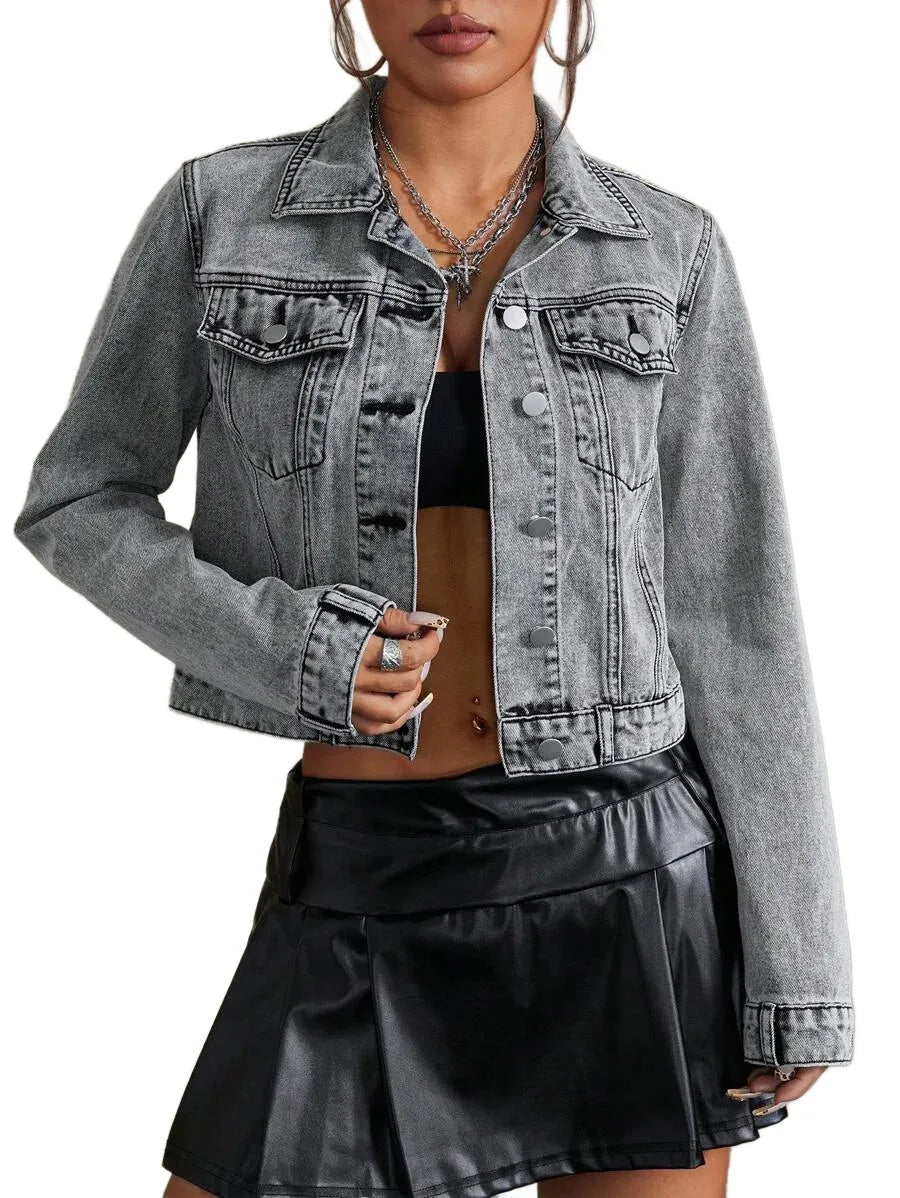 Amabile Cropped Denim Jacket with Modern Styling in Grey - XS