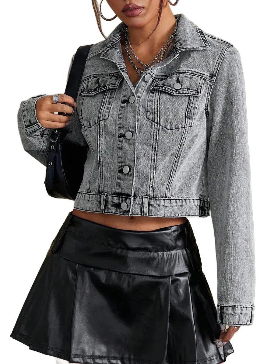 Amabile Cropped Denim Jacket with Modern Styling in Grey - XS
