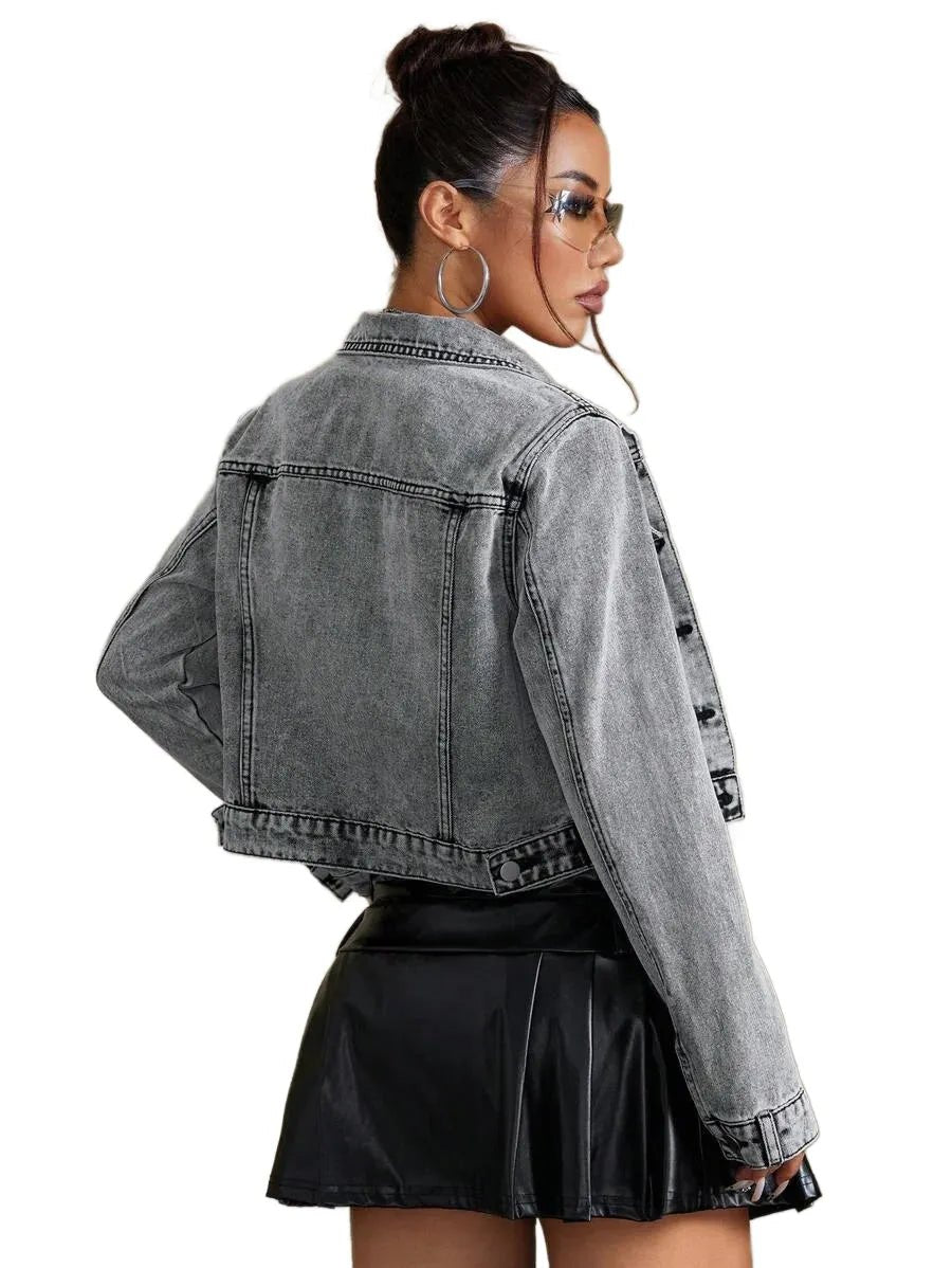 Amabile Cropped Denim Jacket with Modern Styling in Grey - XS