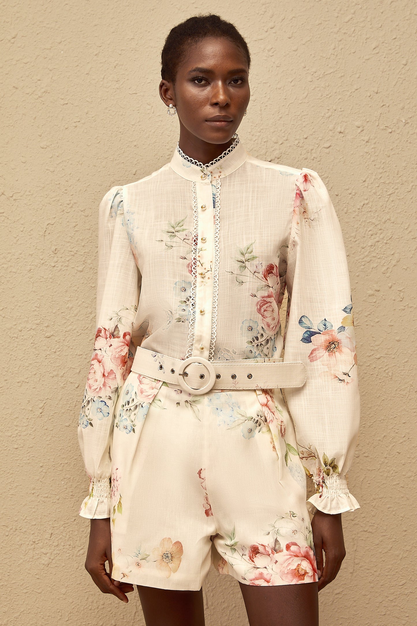 Ambre White Floral Print Shirt Shorts Set