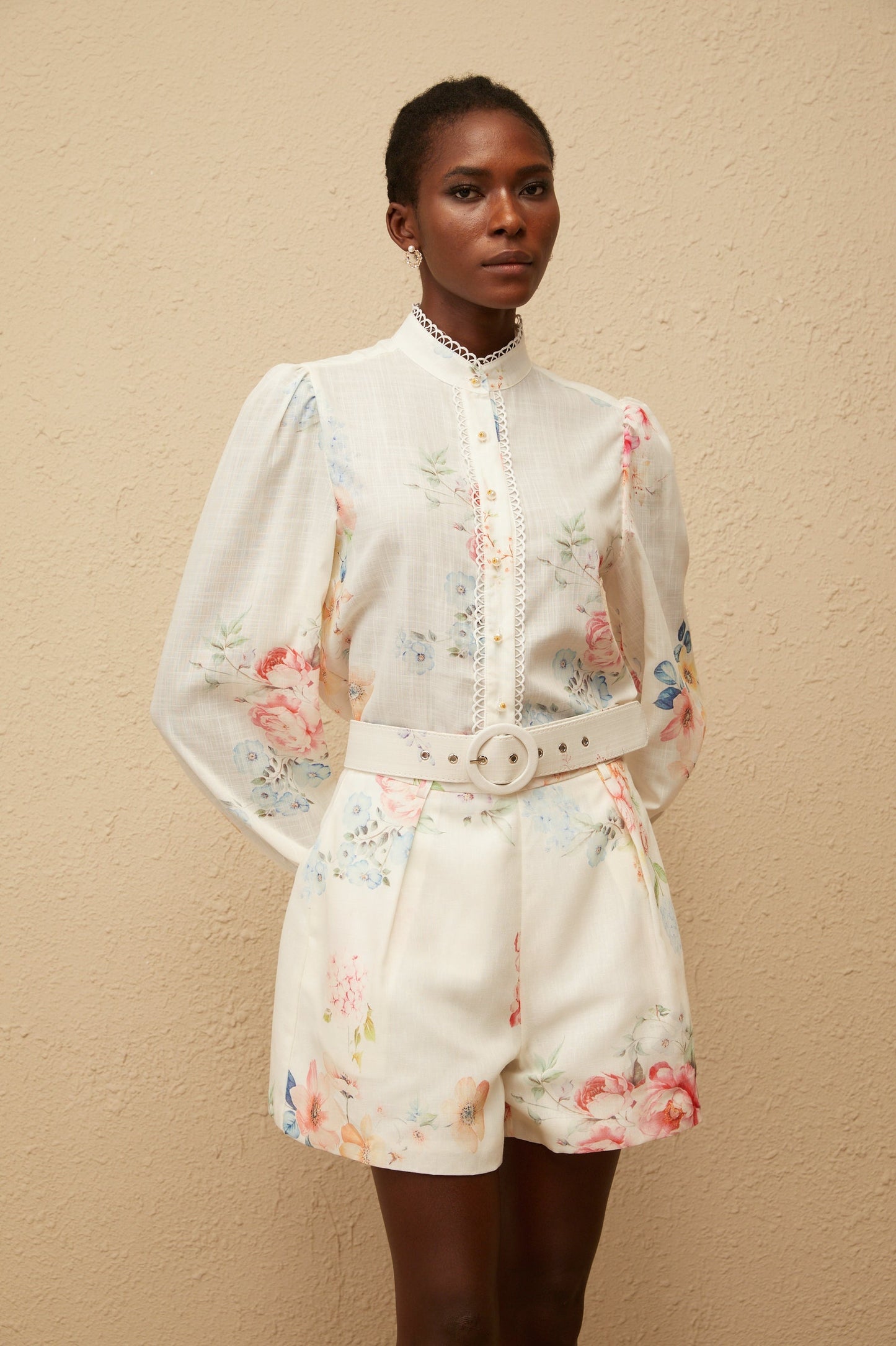 Ambre White Floral Print Shirt Shorts Set