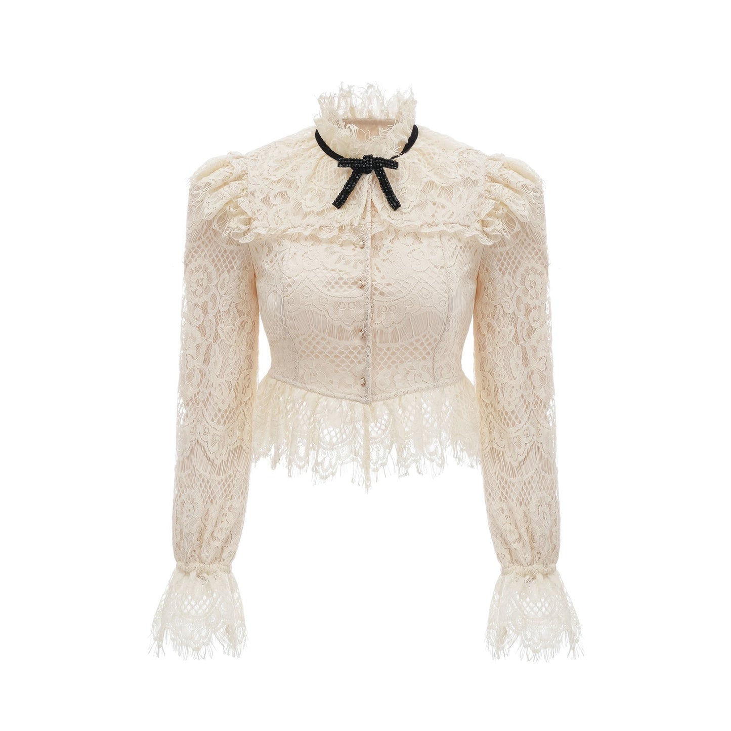 Anaelle off white blouse with bowknot detail and floral lace pattern