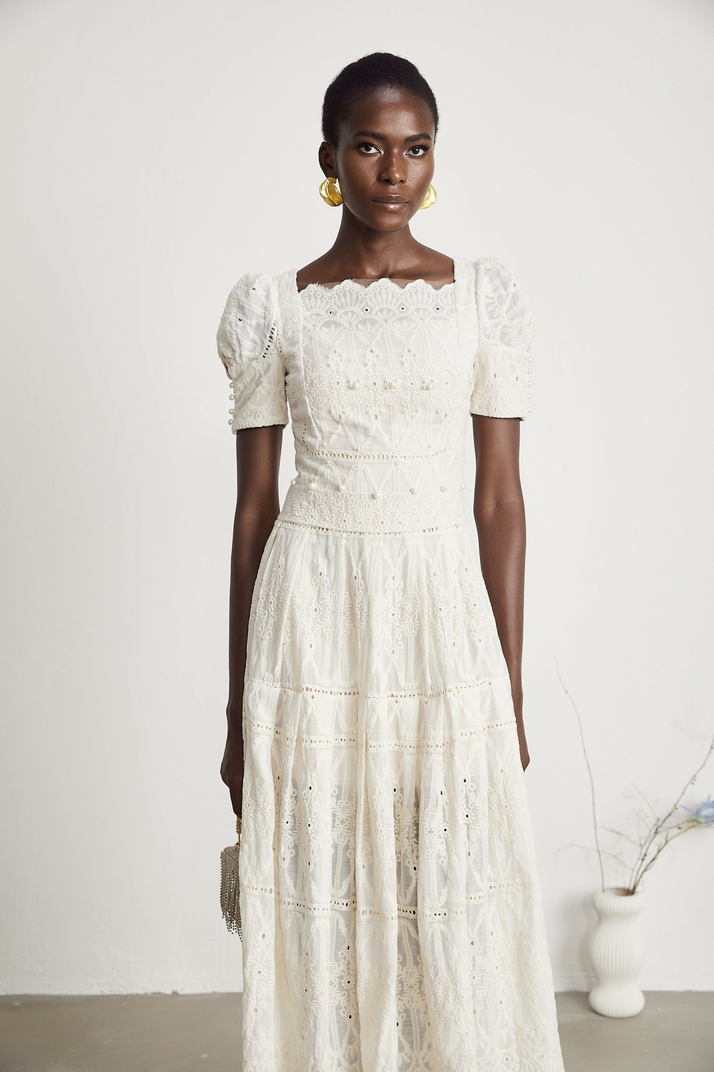 Anaïs fauxpearl embellished cutout midi dress