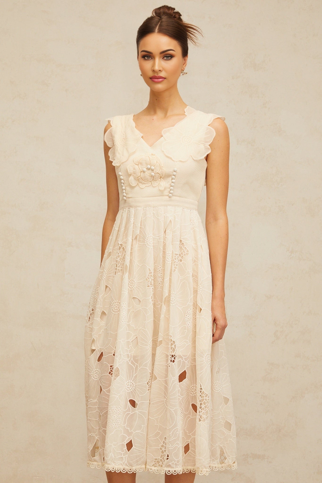 Anaïs neutrals beaded floralembroidered midi dress