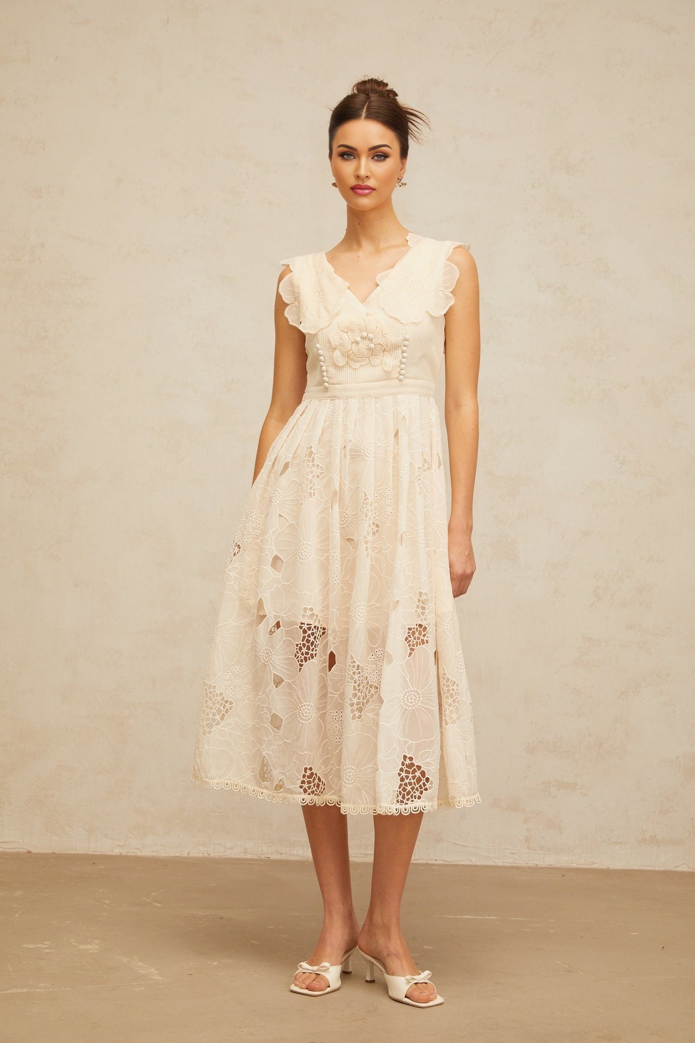 Anaïs neutrals beaded floralembroidered midi dress