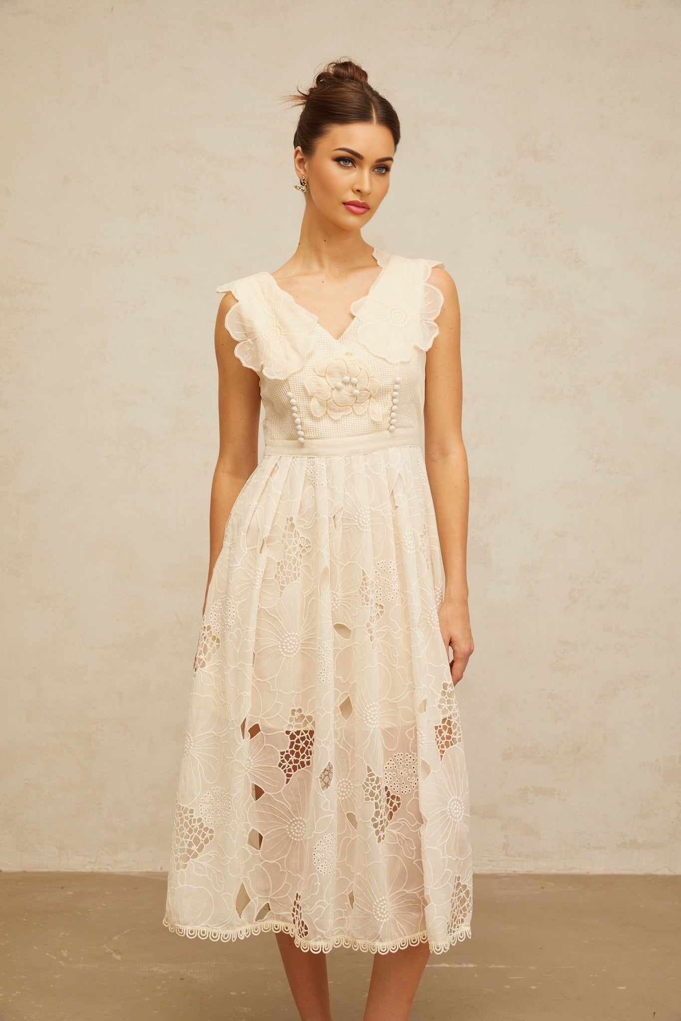 Anaïs neutrals beaded floralembroidered midi dress