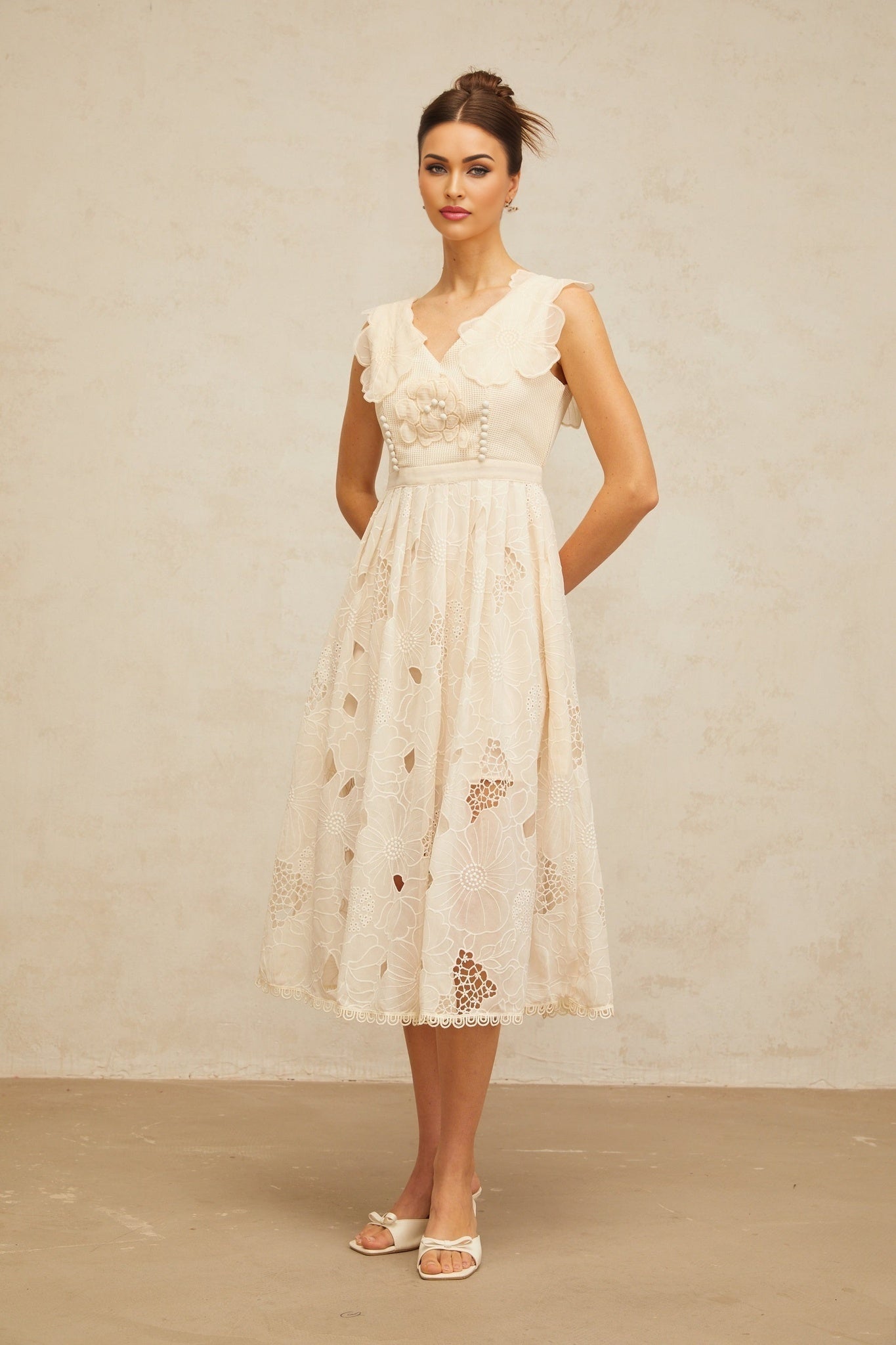 Anaïs neutrals beaded floralembroidered midi dress