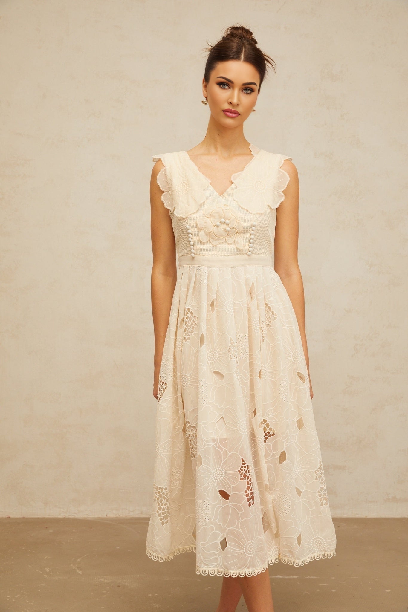 Anaïs neutrals beaded floralembroidered midi dress