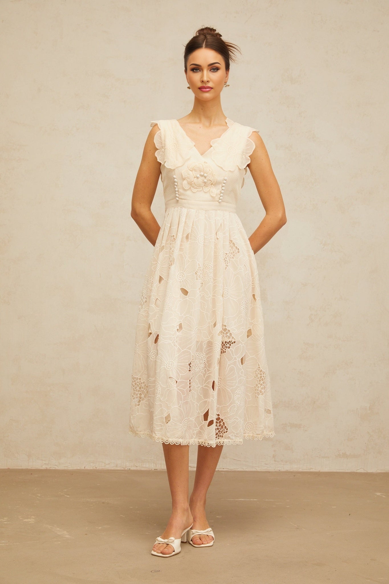 Anaïs neutrals beaded floralembroidered midi dress