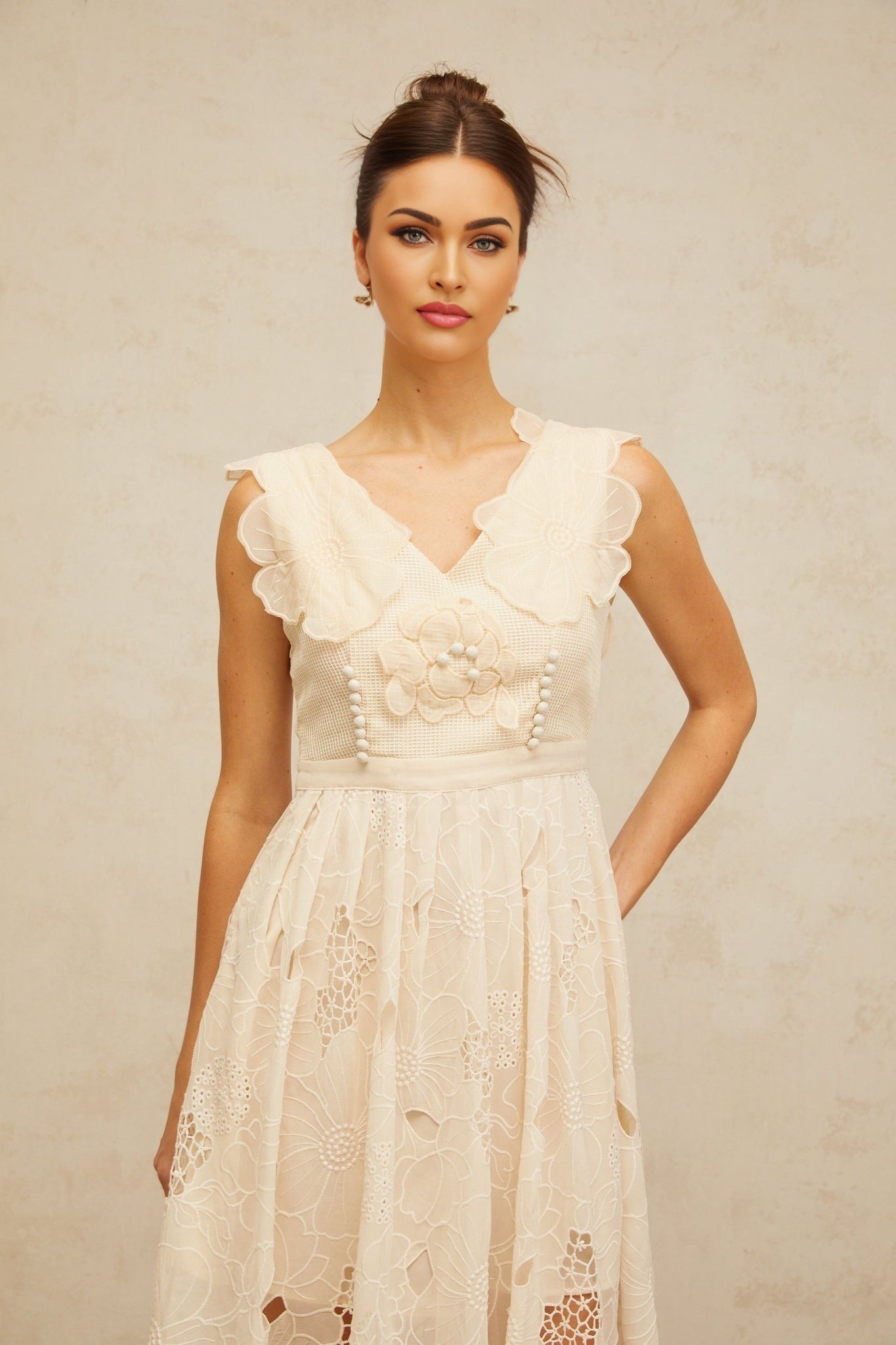 Anaïs neutrals beaded floralembroidered midi dress