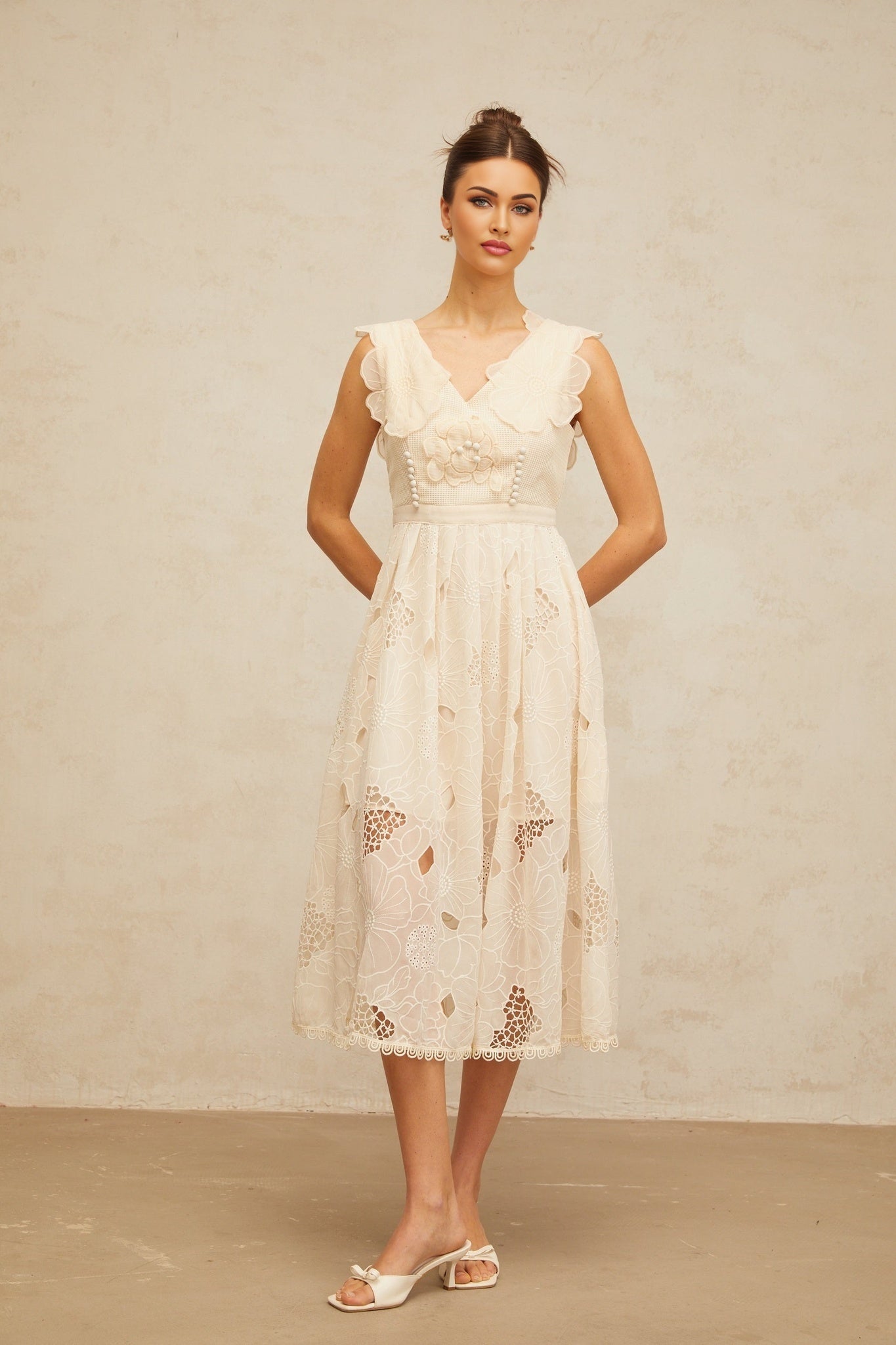 Anaïs neutrals beaded floralembroidered midi dress