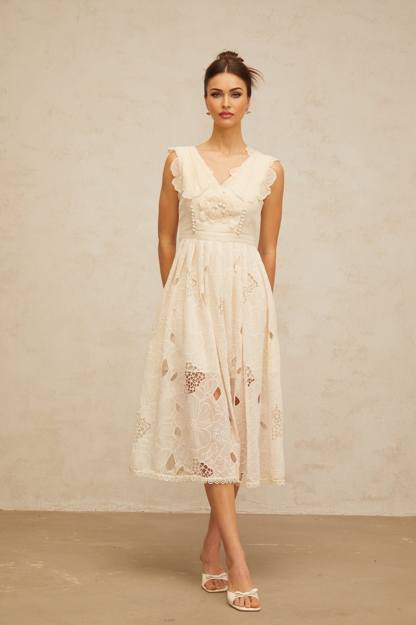 Anaïs neutrals beaded floralembroidered midi dress