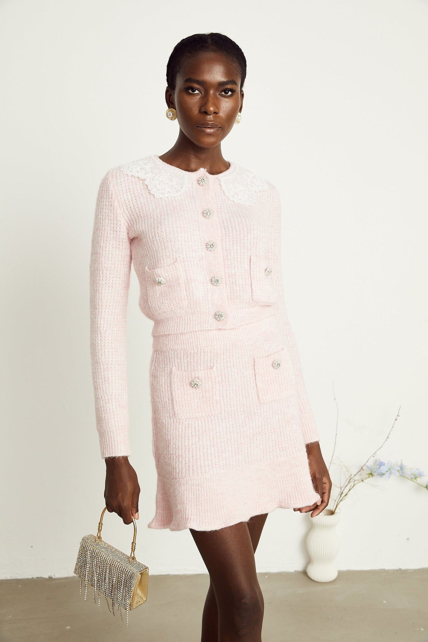Anaïs pink ribbedknit cardigan skirt matching set
