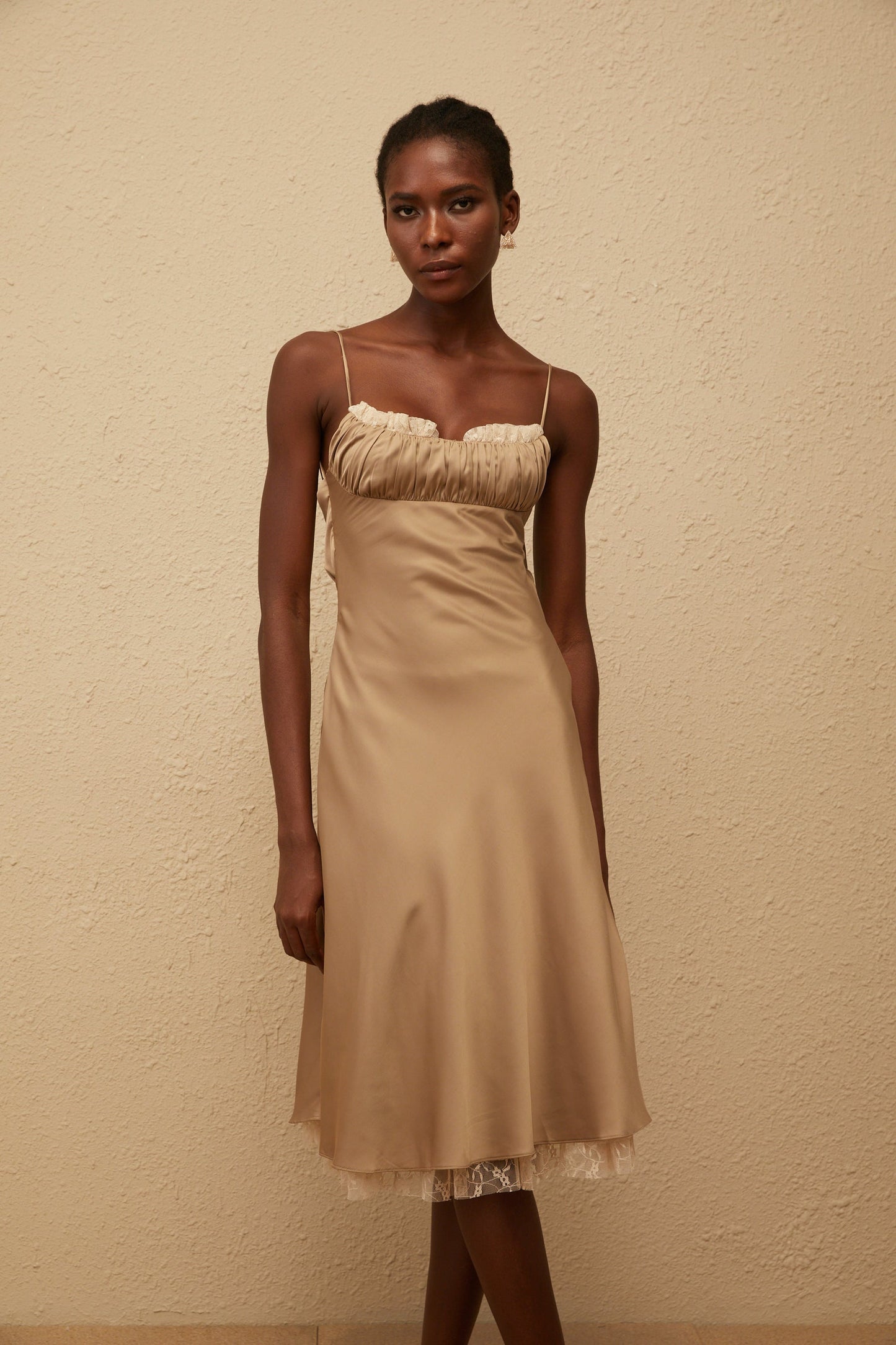 Ananias Khaki Lace Panel Satin Midi Dress