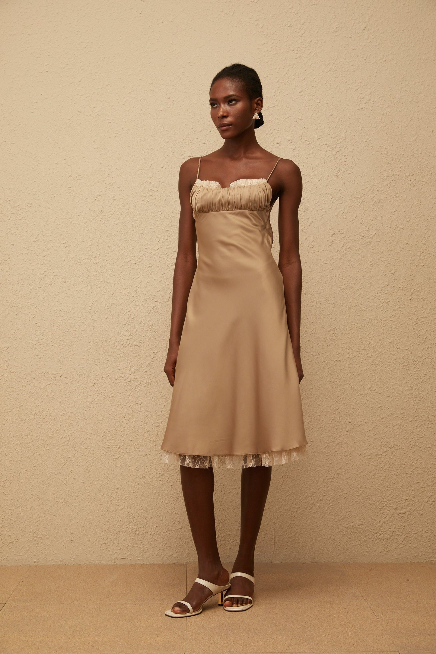 Ananias Khaki Lace Panel Satin Midi Dress
