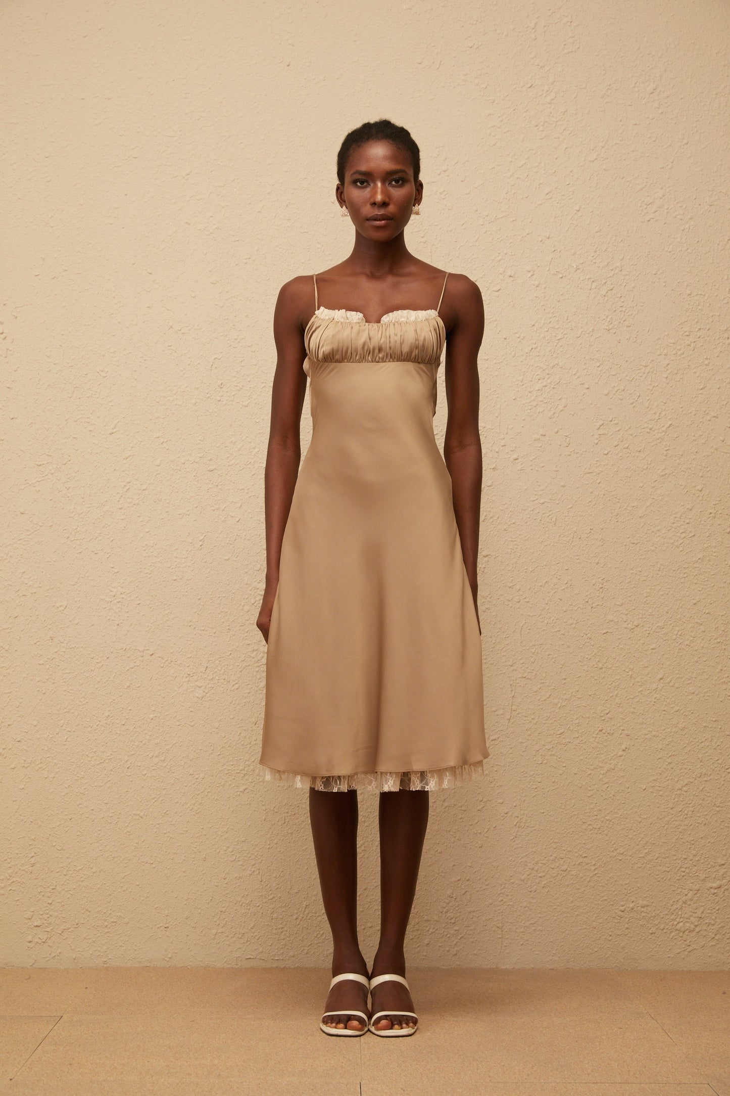 Ananias Khaki Lace Panel Satin Midi Dress