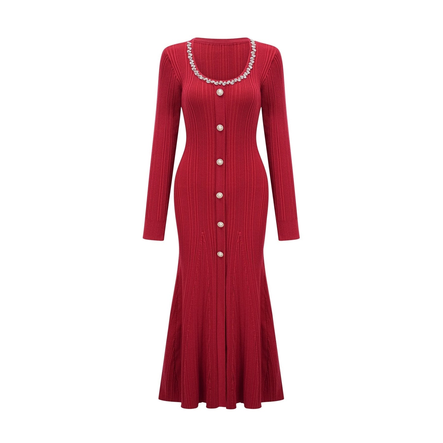 Anaxarete red embellished knitted midi dress