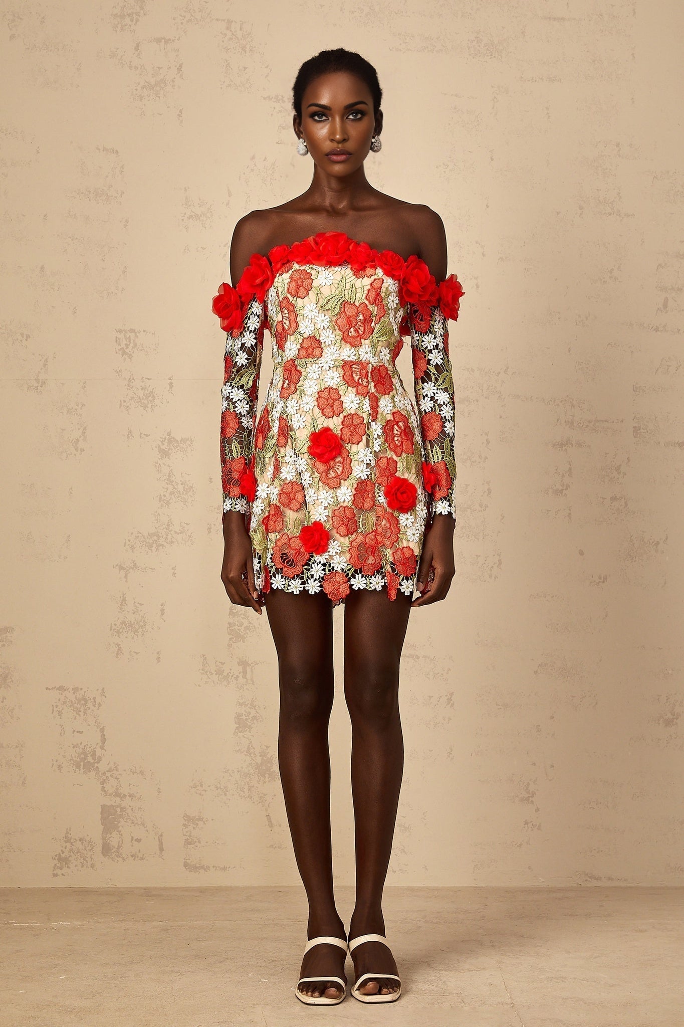 Anaya Womens Red Rose Appliqué Embroidered Mini Dress