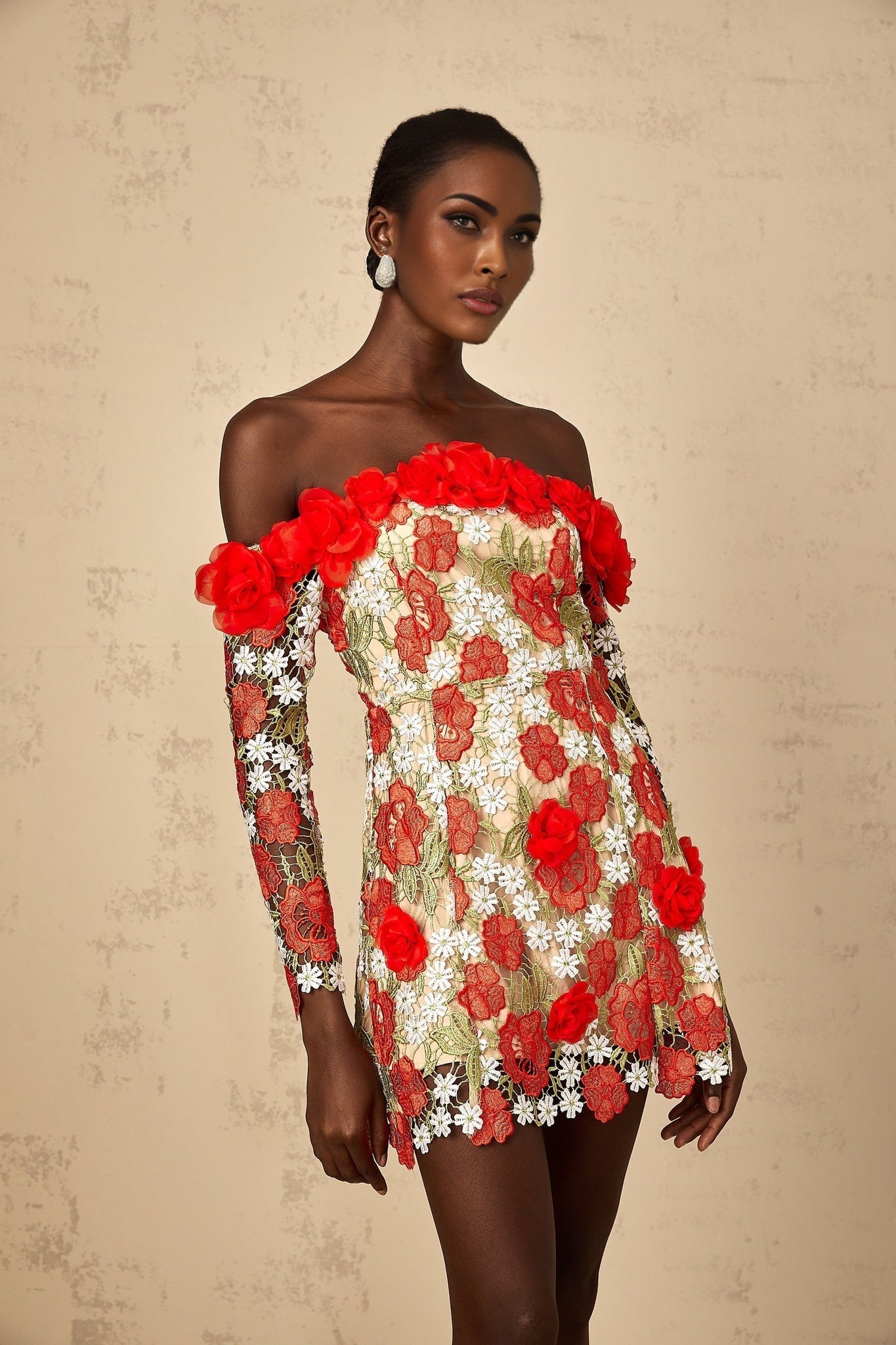 Anaya Womens Red Rose Appliqué Embroidered Mini Dress