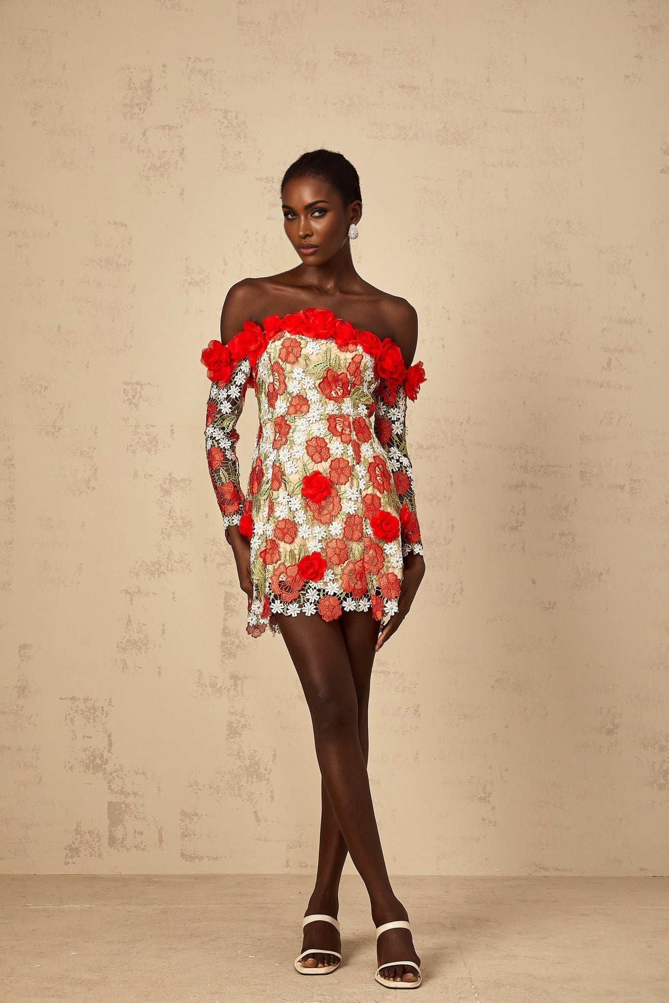 Anaya Womens Red Rose Appliqué Embroidered Mini Dress