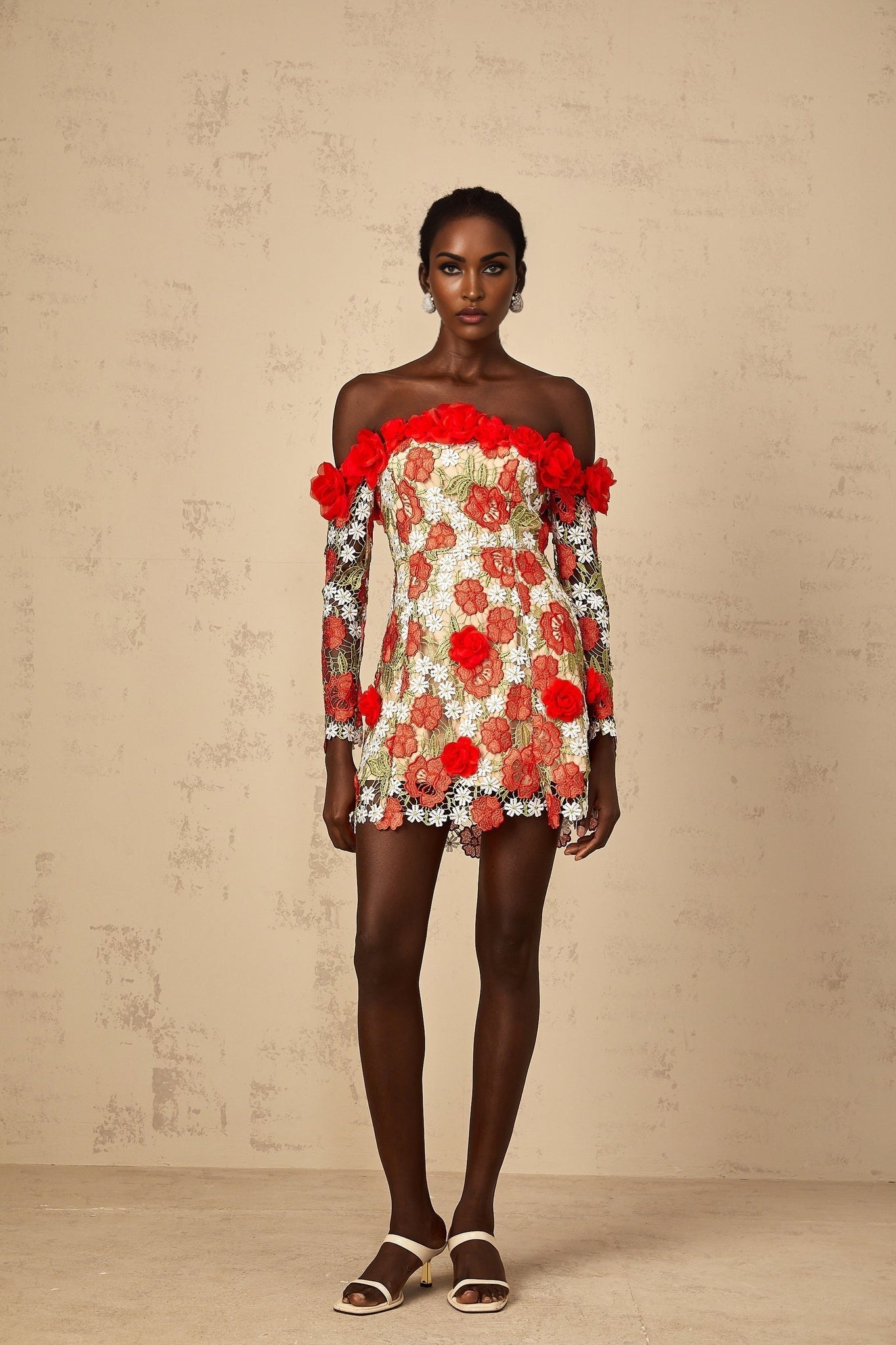 Anaya Womens Red Rose Appliqué Embroidered Mini Dress